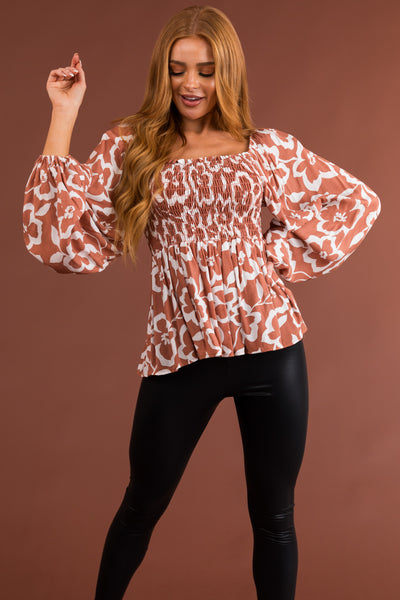 Terracotta Floral Square Neck Smocked Top