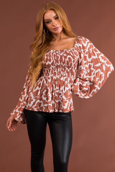Terracotta Floral Square Neck Smocked Top