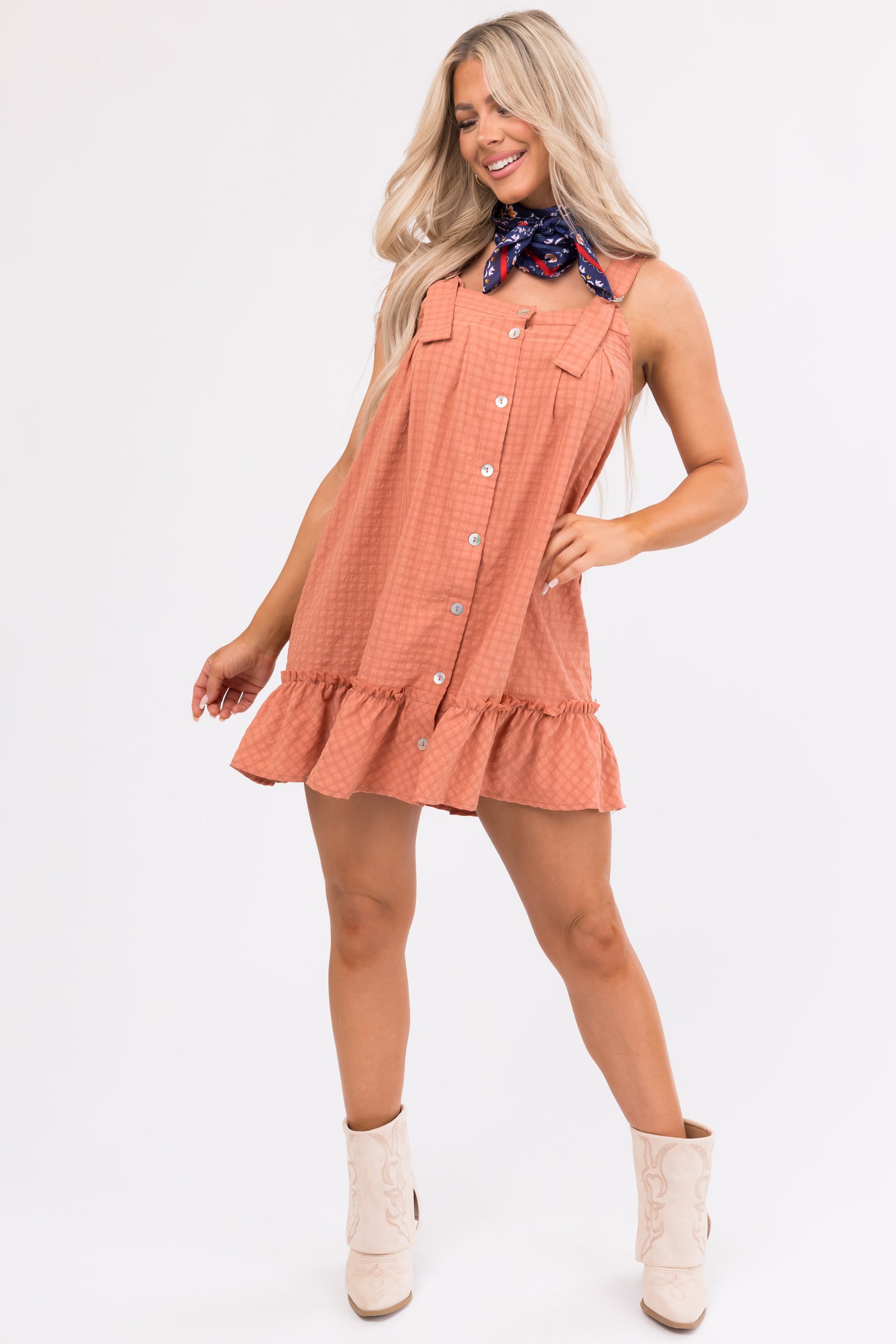 Terracotta Plaid Textured Flowy Mini Dress