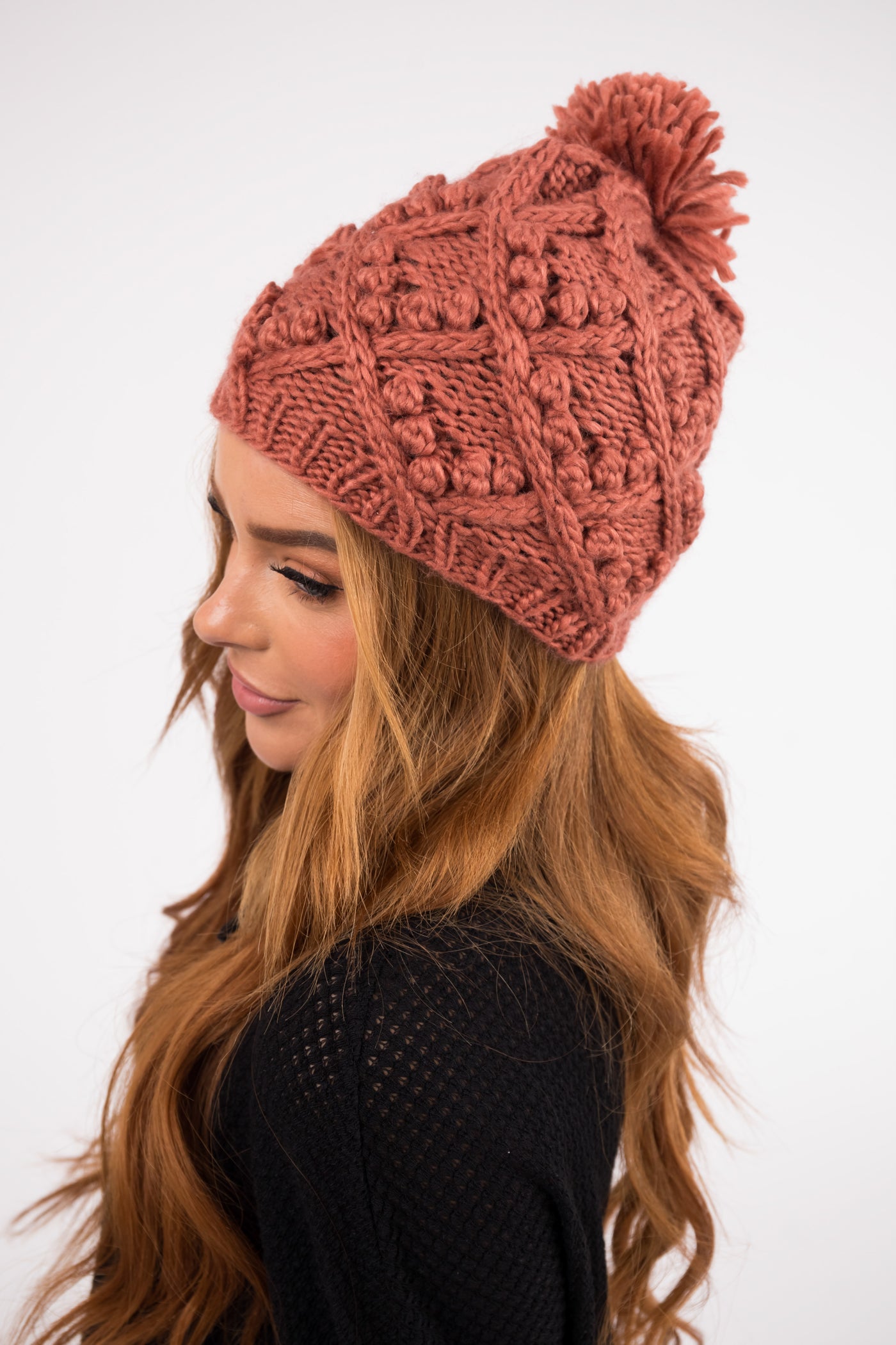 Terracotta Chunky Cable Knit Pom Pom Beanie