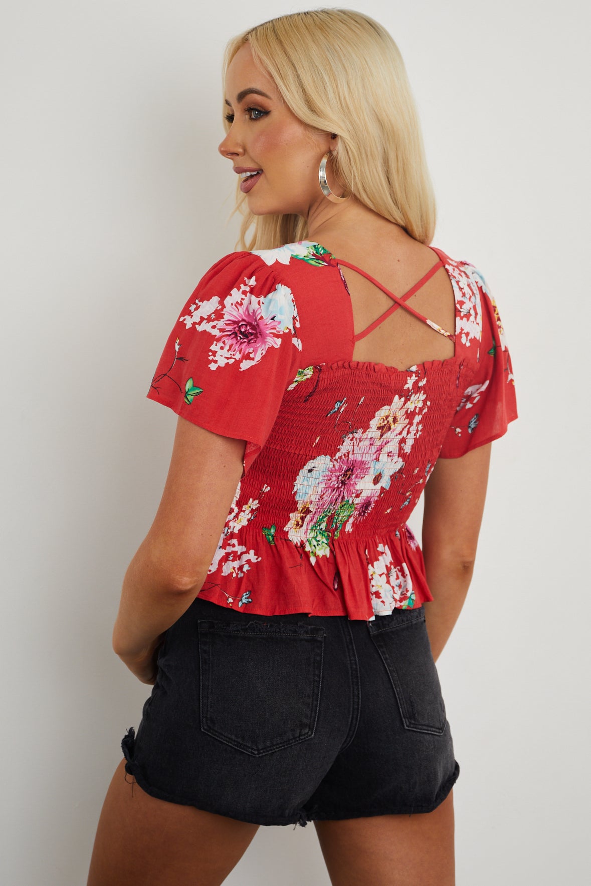 Tomato Red Floral Print Smocked Crop Top with Short Sleeves