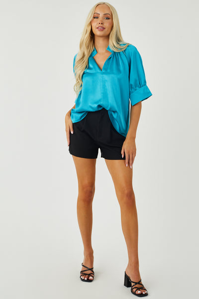 Turquoise Collared V Neck Short Sleeve Satin Top