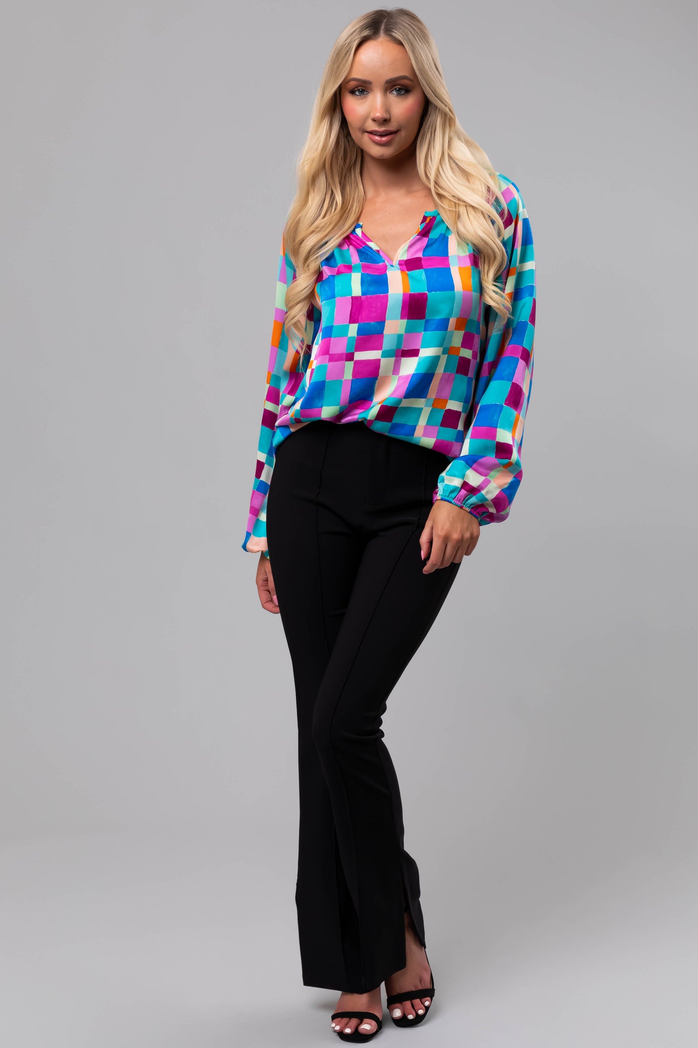 Turquoise Geo Print Long Sleeve V Neck Top