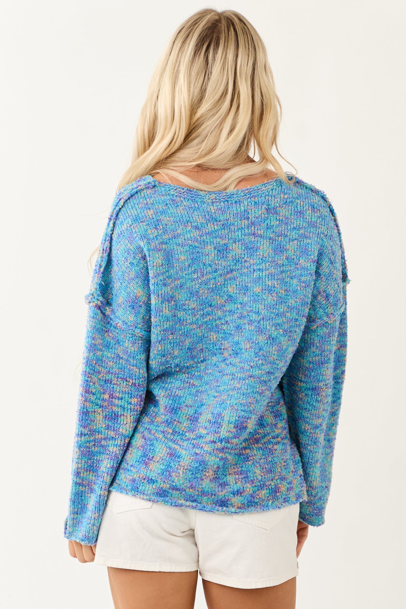 Turquoise Speckled Knit V Neck Front Seam Sweater