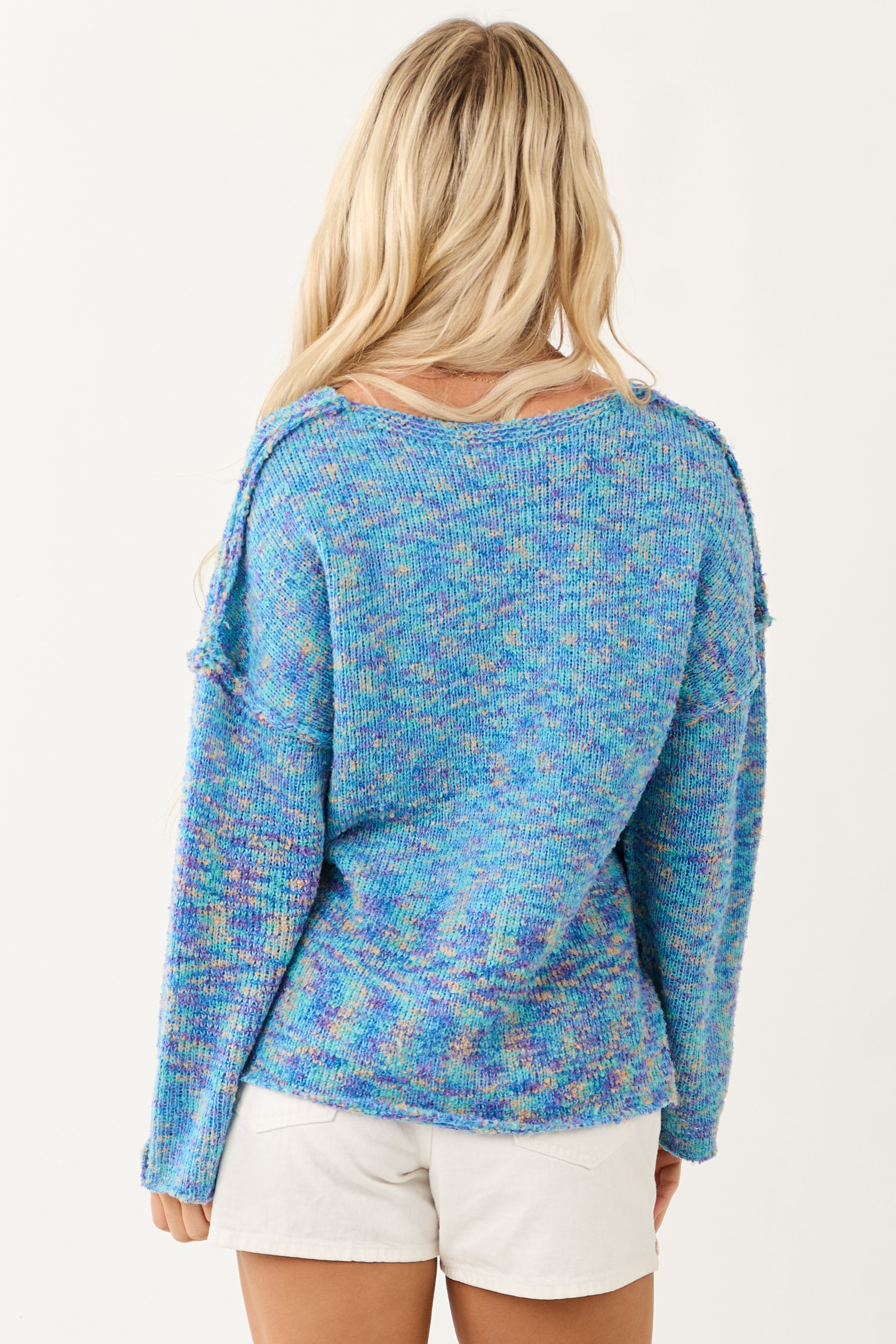 Turquoise Speckled Knit V Neck Front Seam Sweater