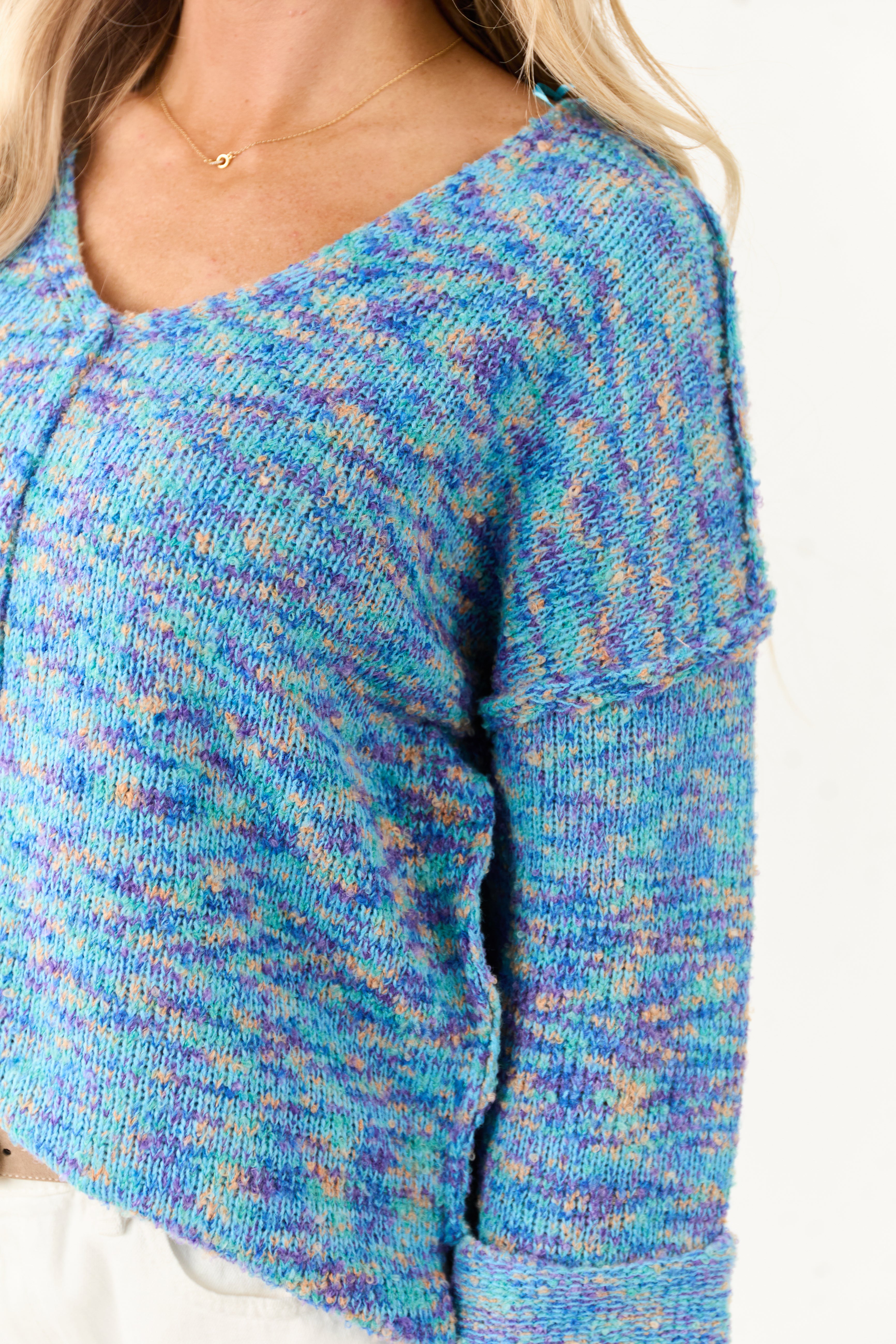 Turquoise Speckled Knit V Neck Front Seam Sweater