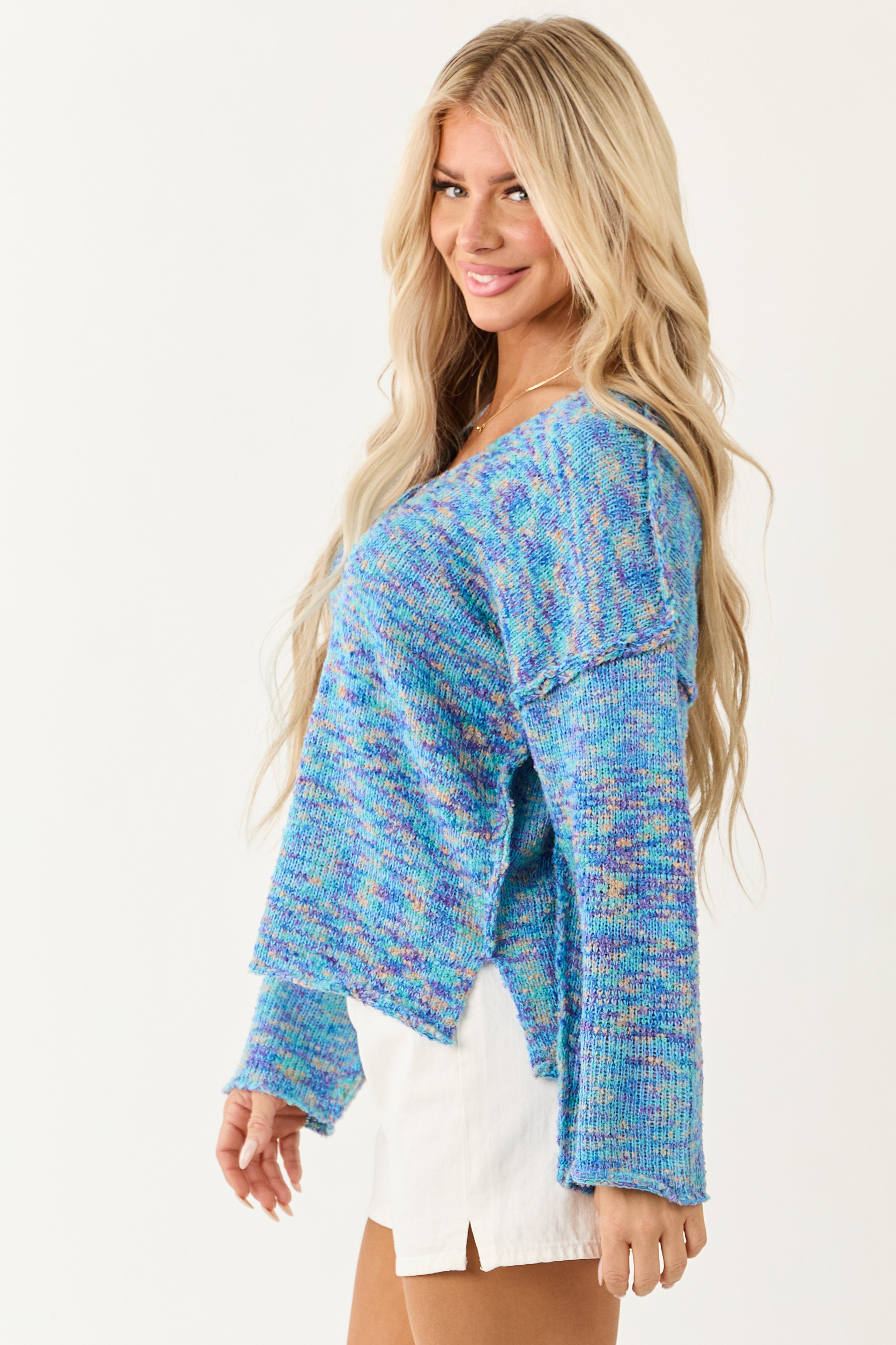 Turquoise Speckled Knit V Neck Front Seam Sweater