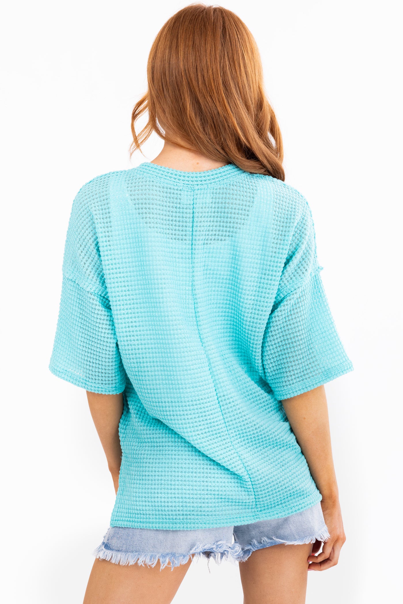 Turquoise Waffle Knit Half Sleeve Button Top