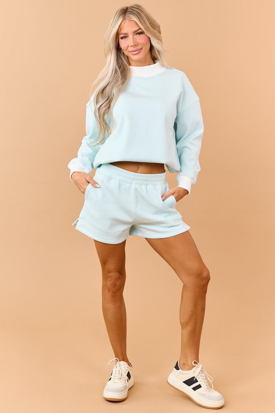 Turquoise and Ivory Striped Knit Shorts