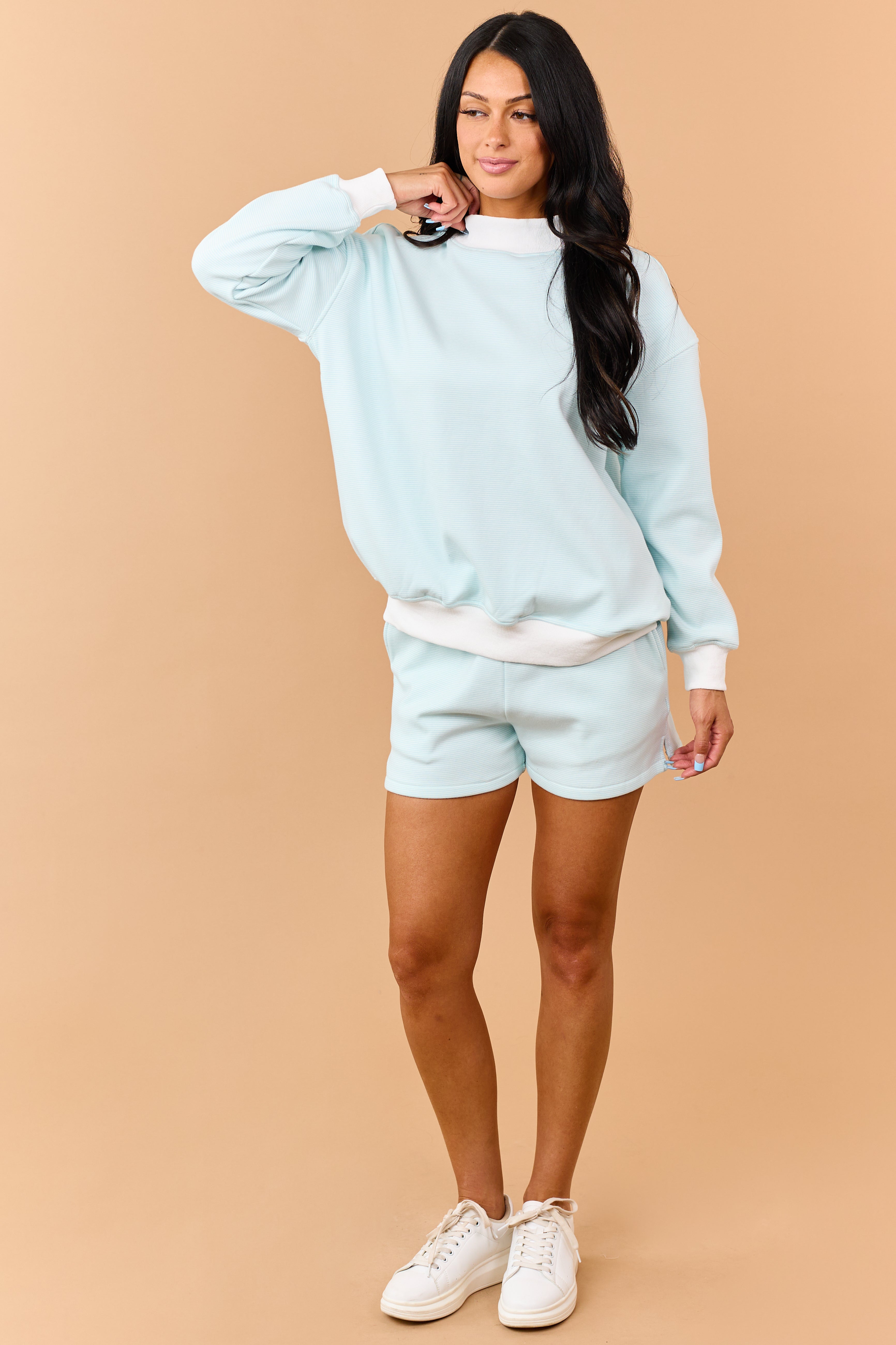 Turquoise and Ivory Striped Knit Shorts