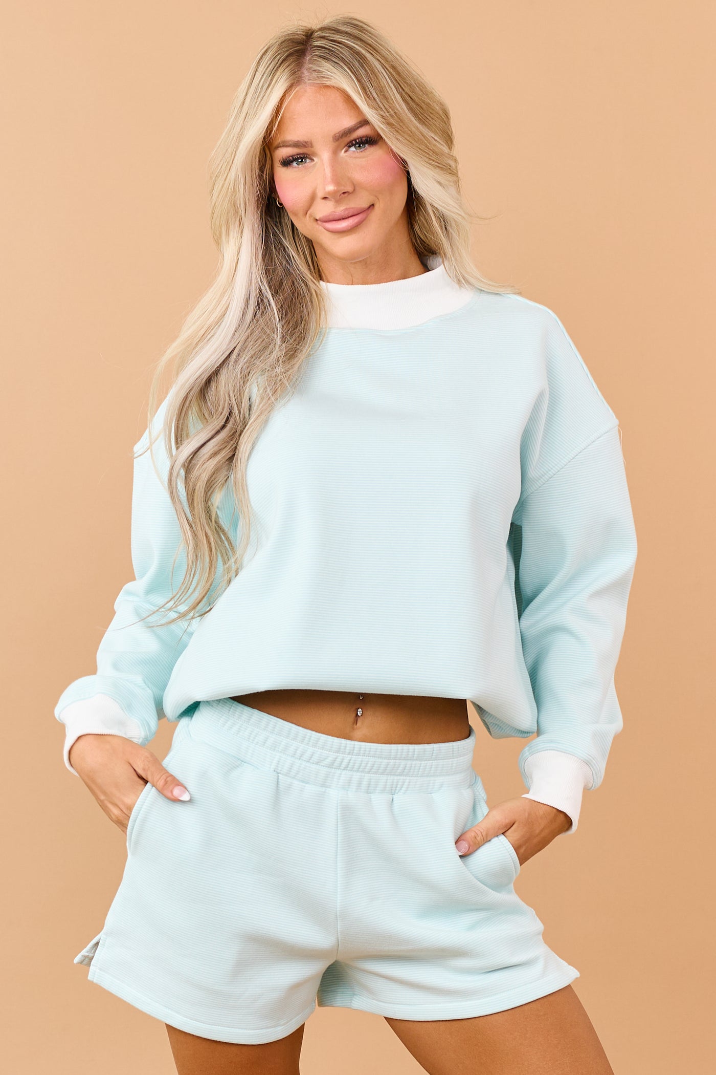 Turquoise and Ivory Striped Knit Sweatshirt