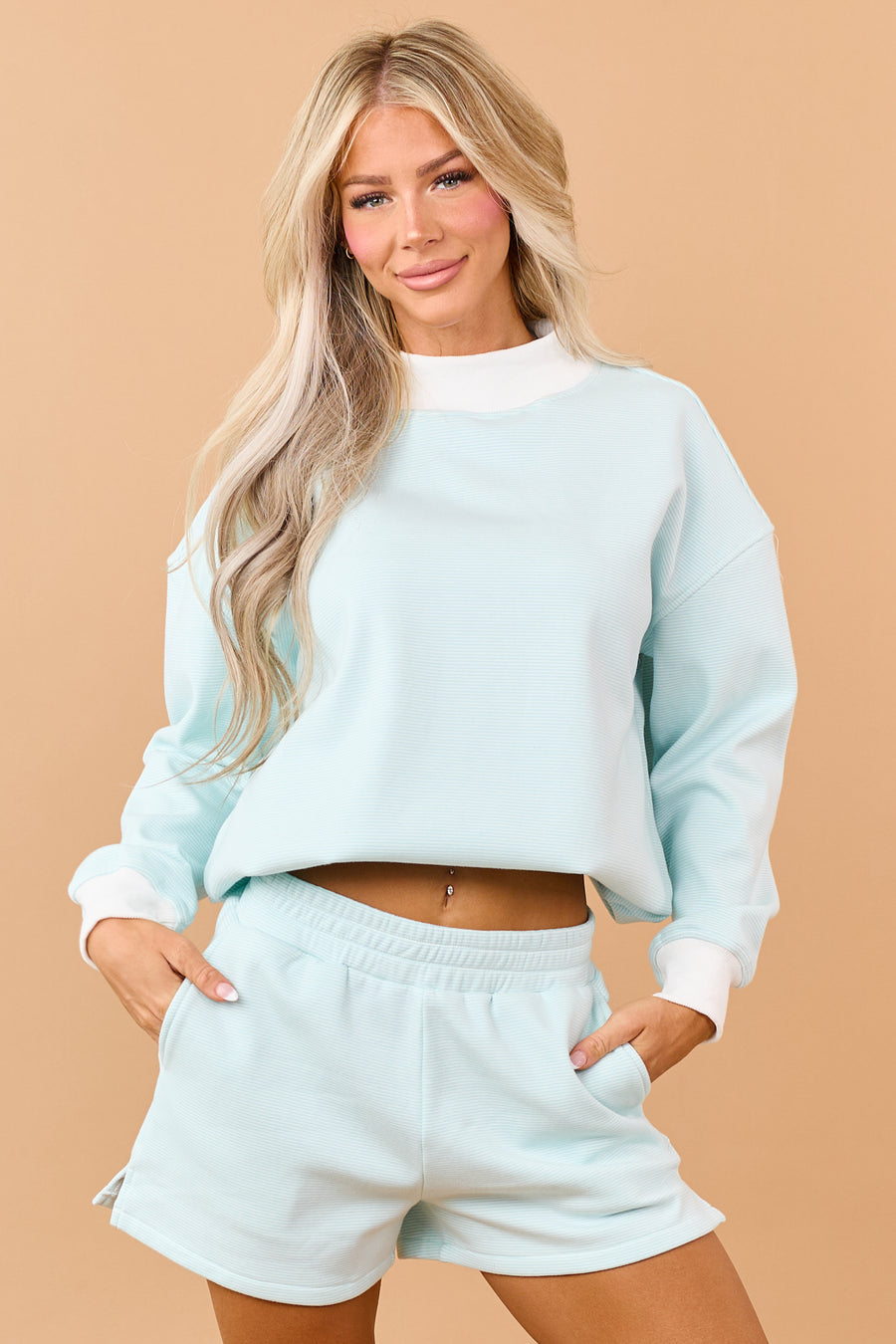 Turquoise and Ivory Striped Knit Sweatshirt