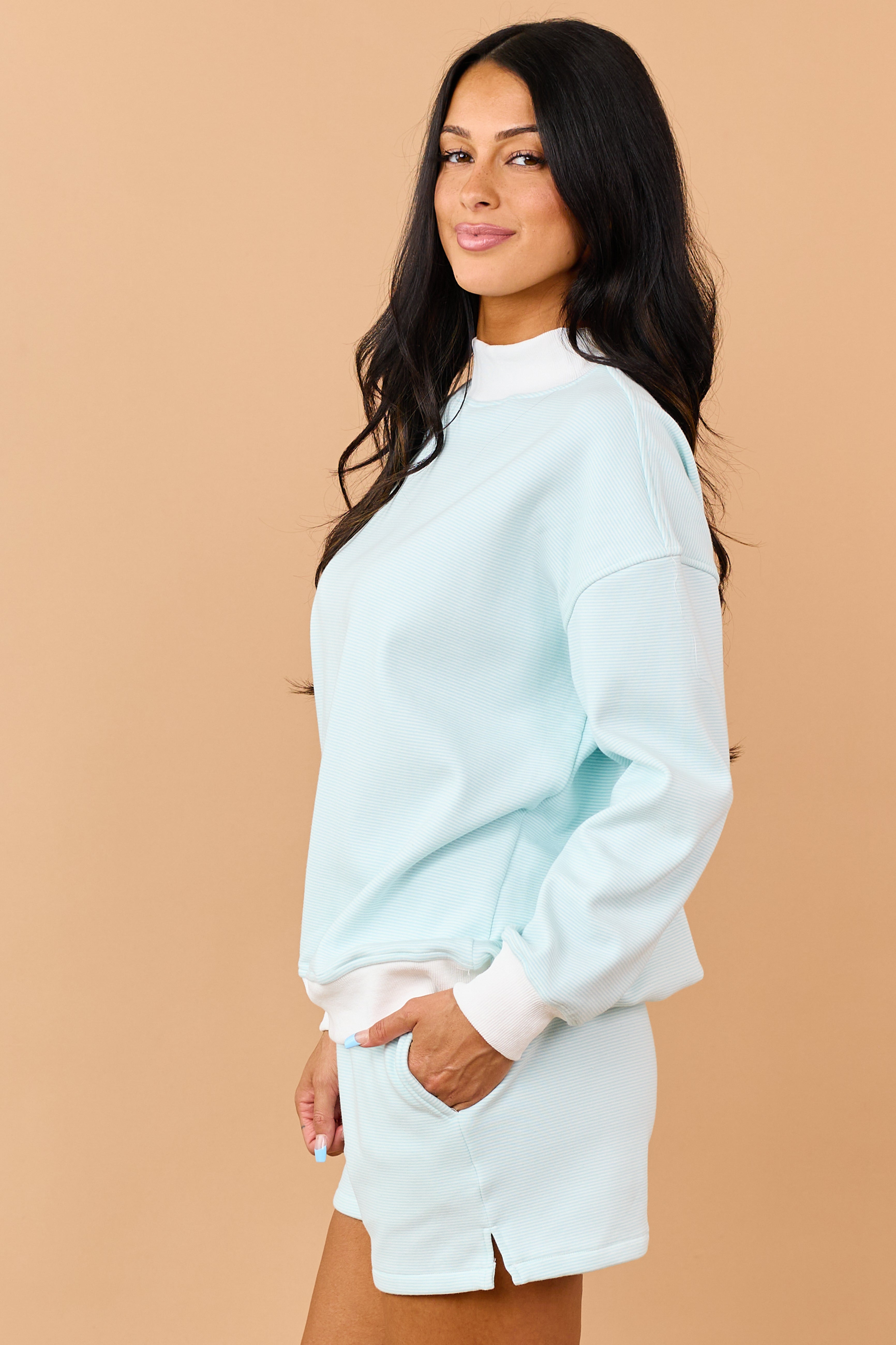 Turquoise and Ivory Striped Knit Sweatshirt