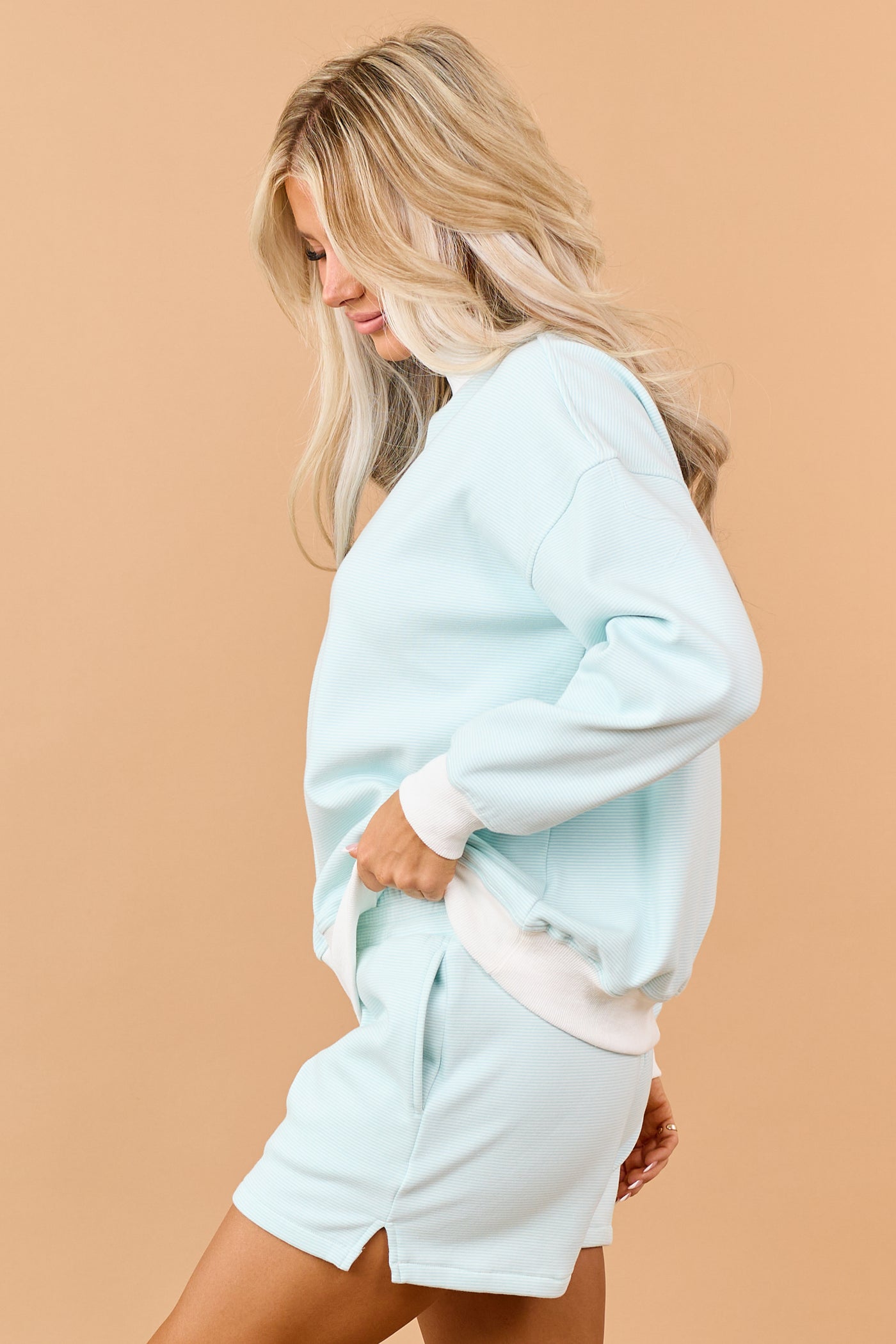 Turquoise and Ivory Striped Knit Sweatshirt