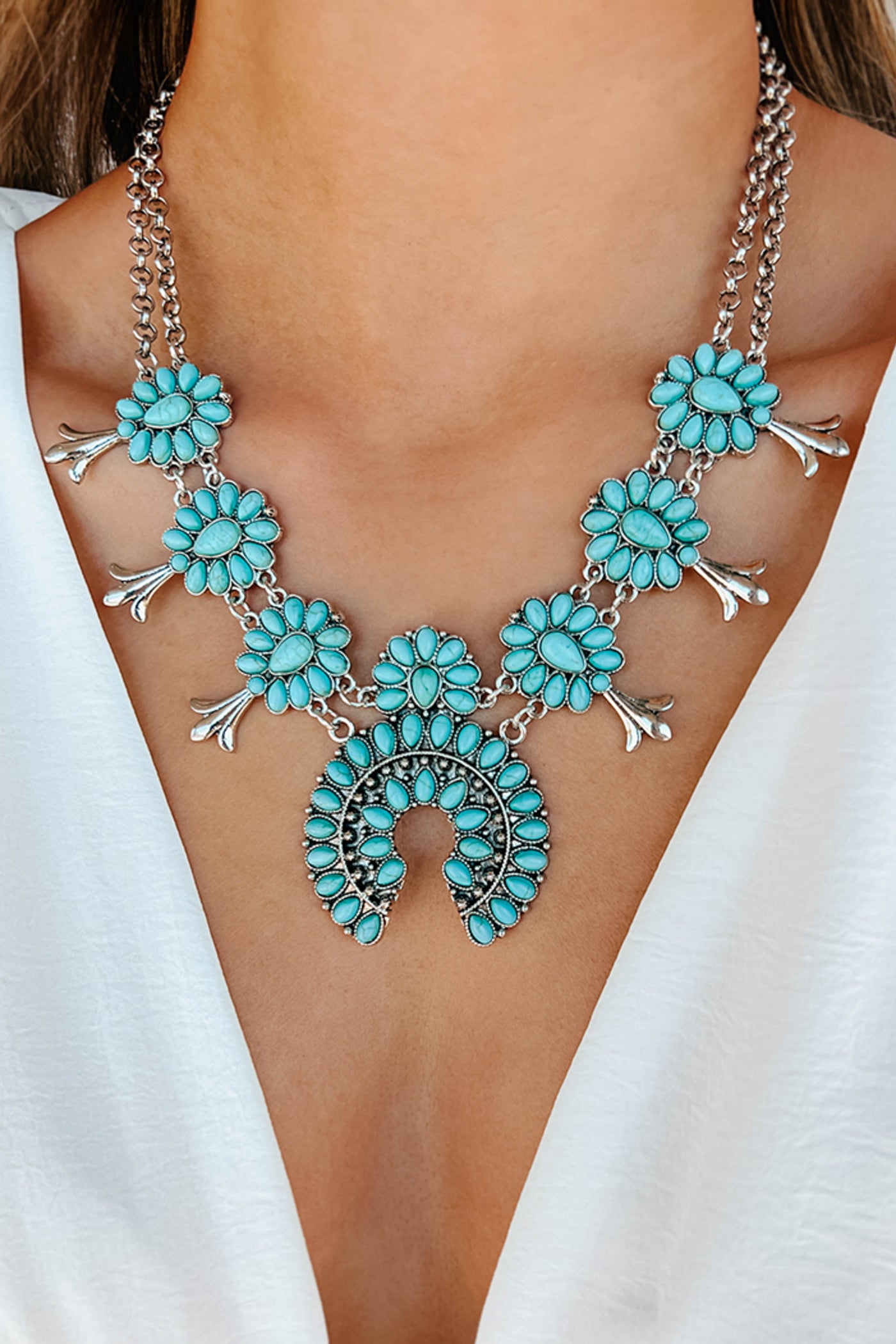 Turquoise Stone Double Chain Detail Necklace