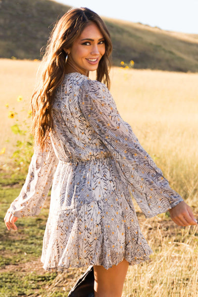 Vanilla Abstract Print Mini Dress with Gold Accents