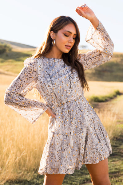 Vanilla Abstract Print Mini Dress with Gold Accents