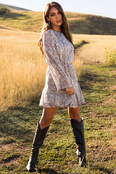 Vanilla Abstract Print Mini Dress with Gold Accents