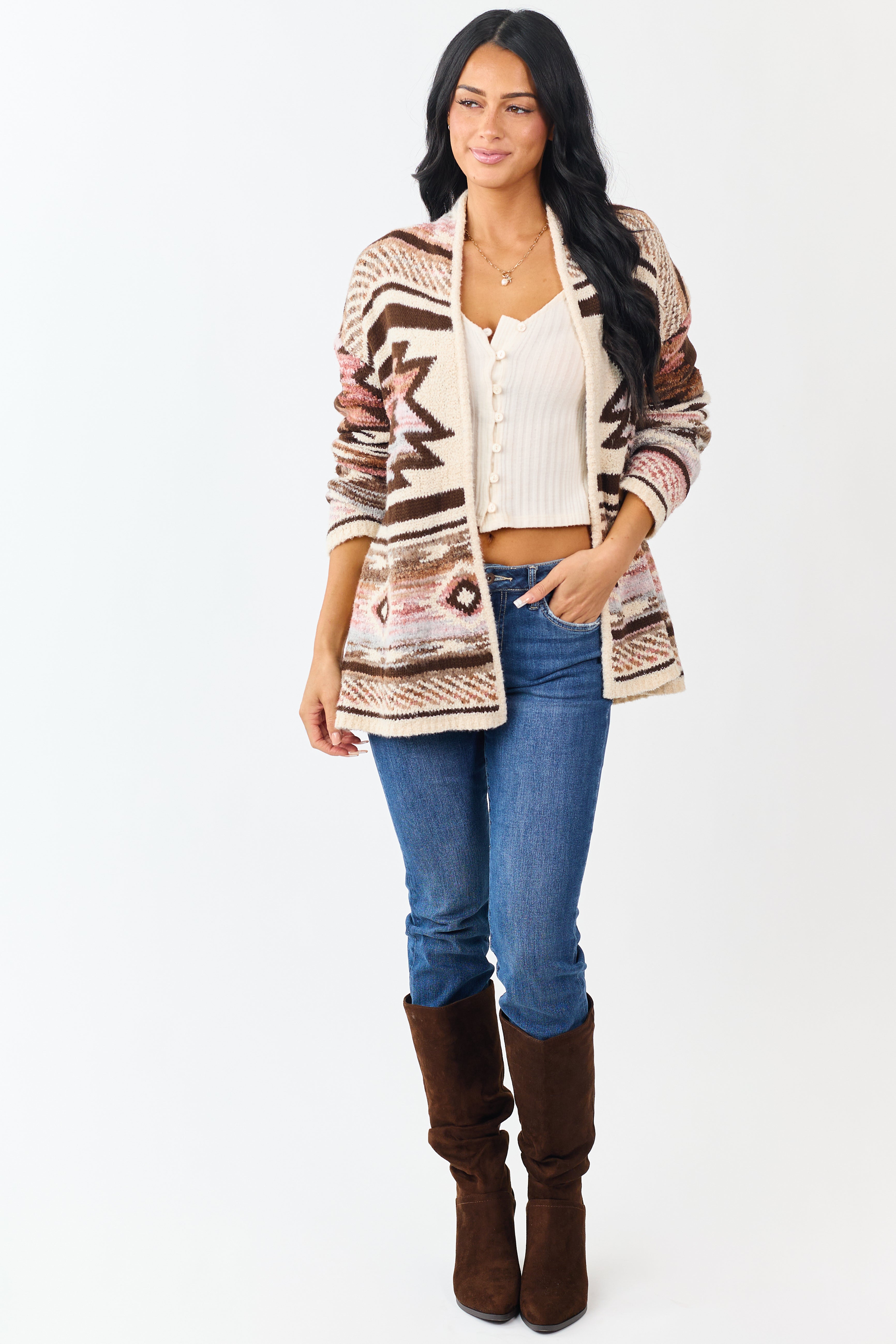Vanilla Aztec Print Open Front Sweater Cardigan