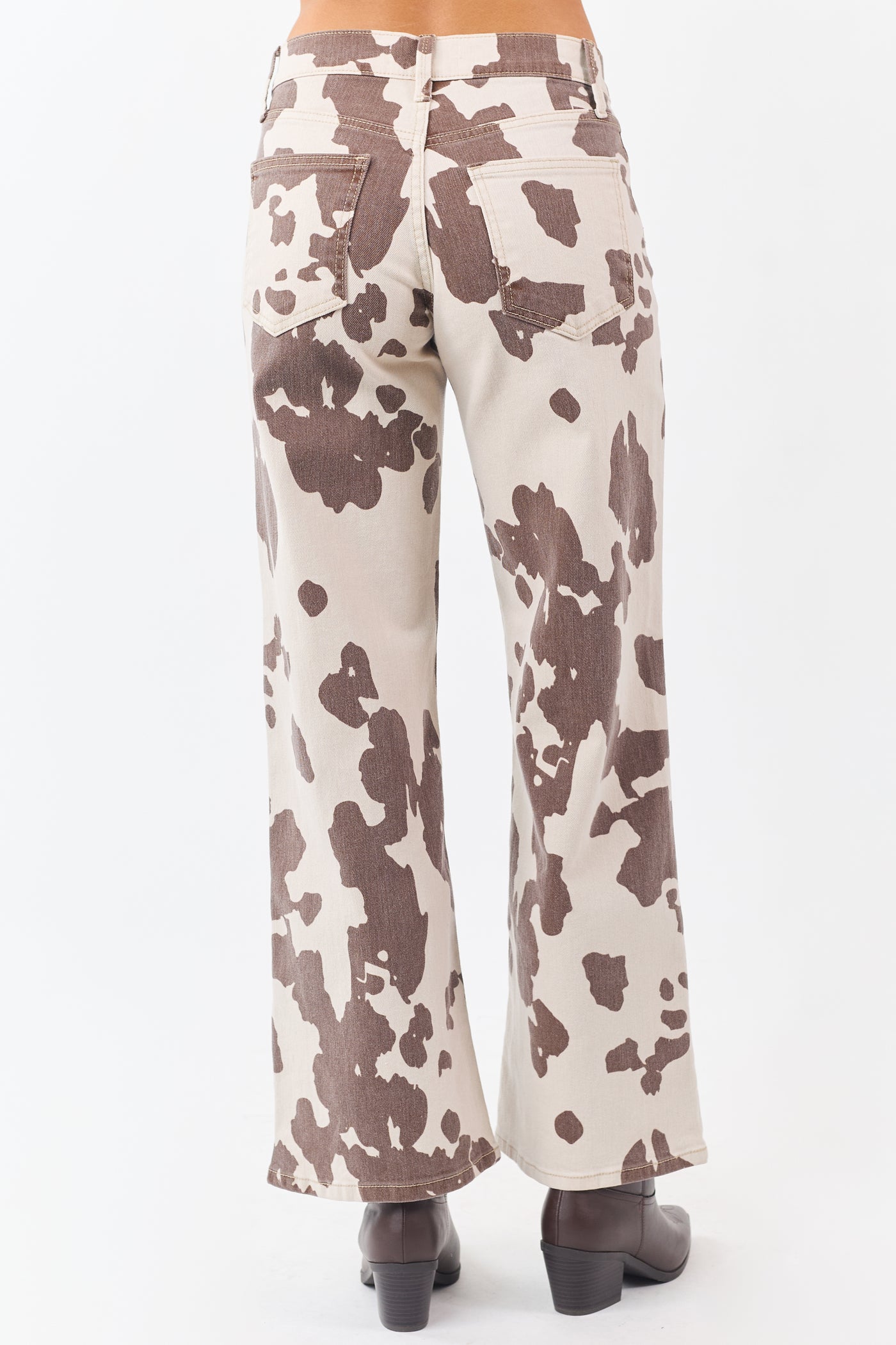 Vanilla Cow Print Stretchy High Rise Wide Leg Jeans
