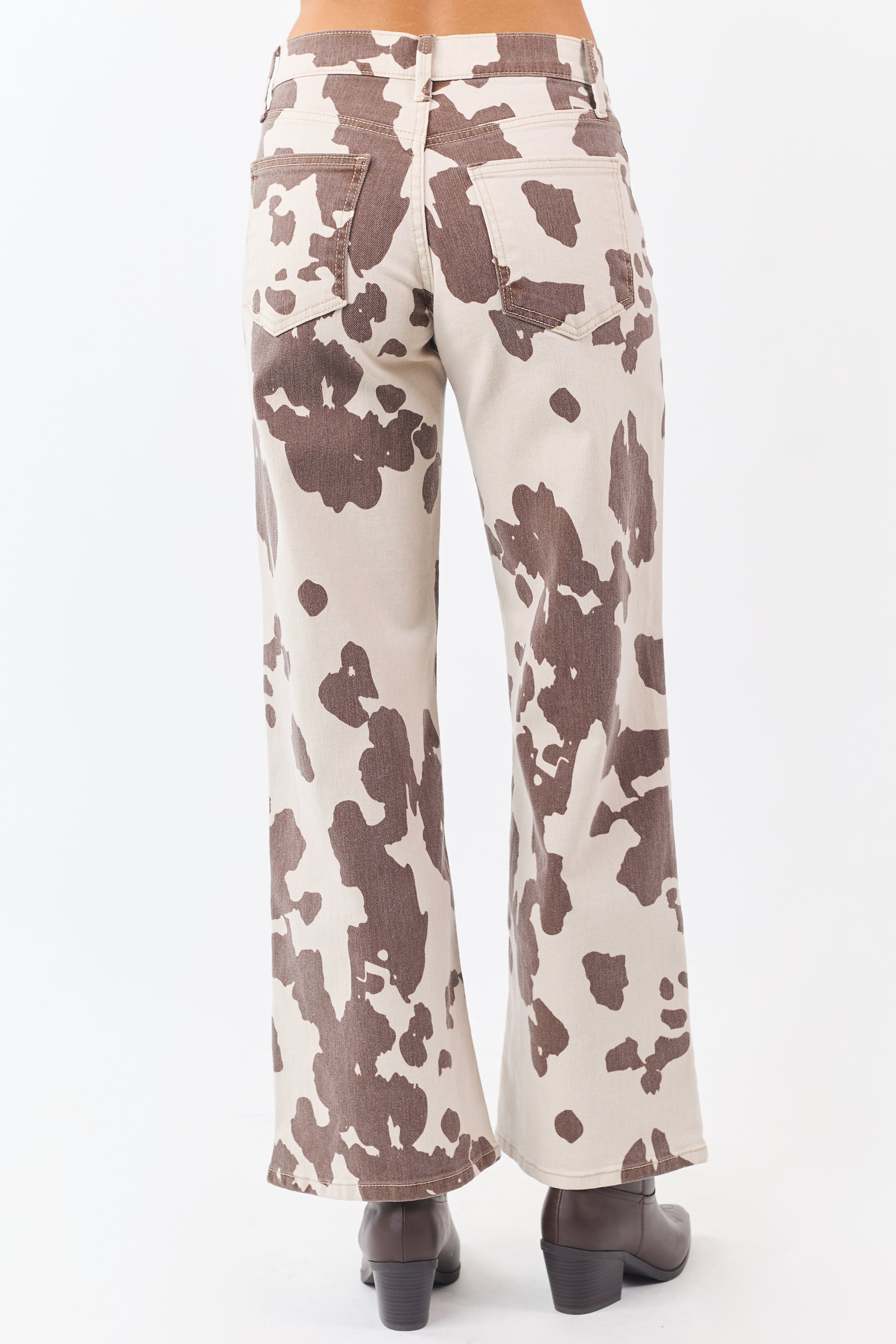 Vanilla Cow Print Stretchy High Rise Wide Leg Jeans