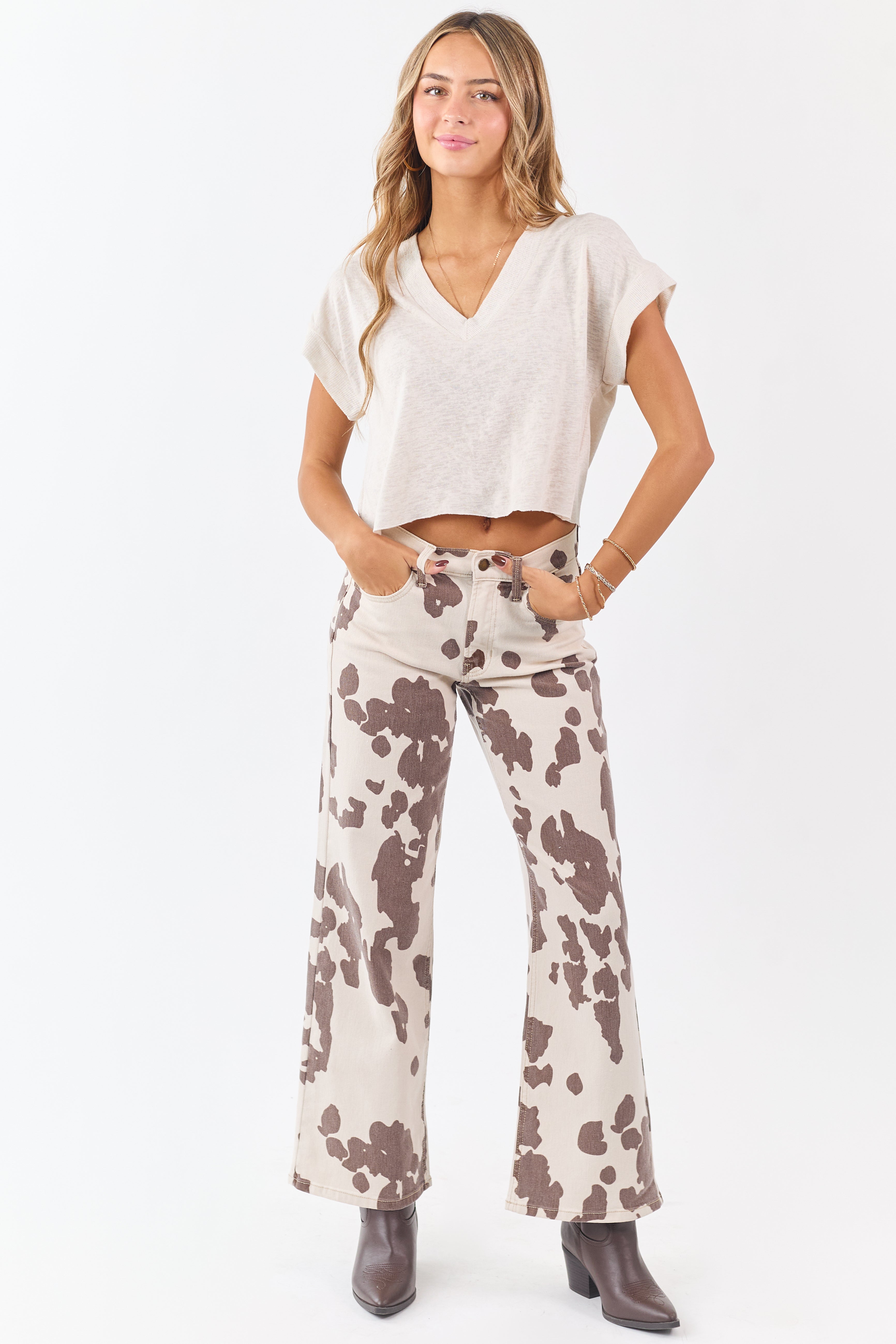 Vanilla Cow Print Stretchy High Rise Wide Leg Jeans | Lime Lush