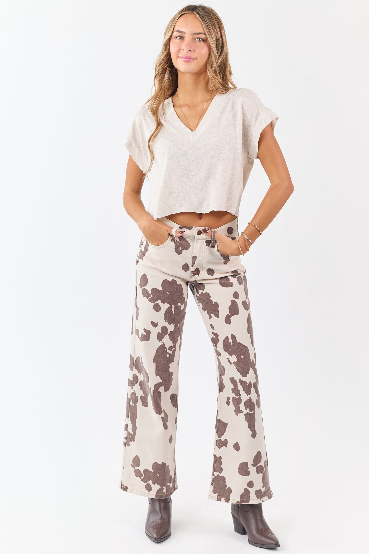 Vanilla Cow Print Stretchy High Rise Wide Leg Jeans