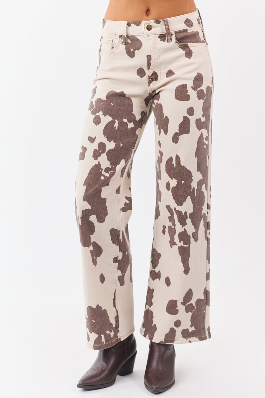 Vanilla Cow Print Stretchy High Rise Wide Leg Jeans