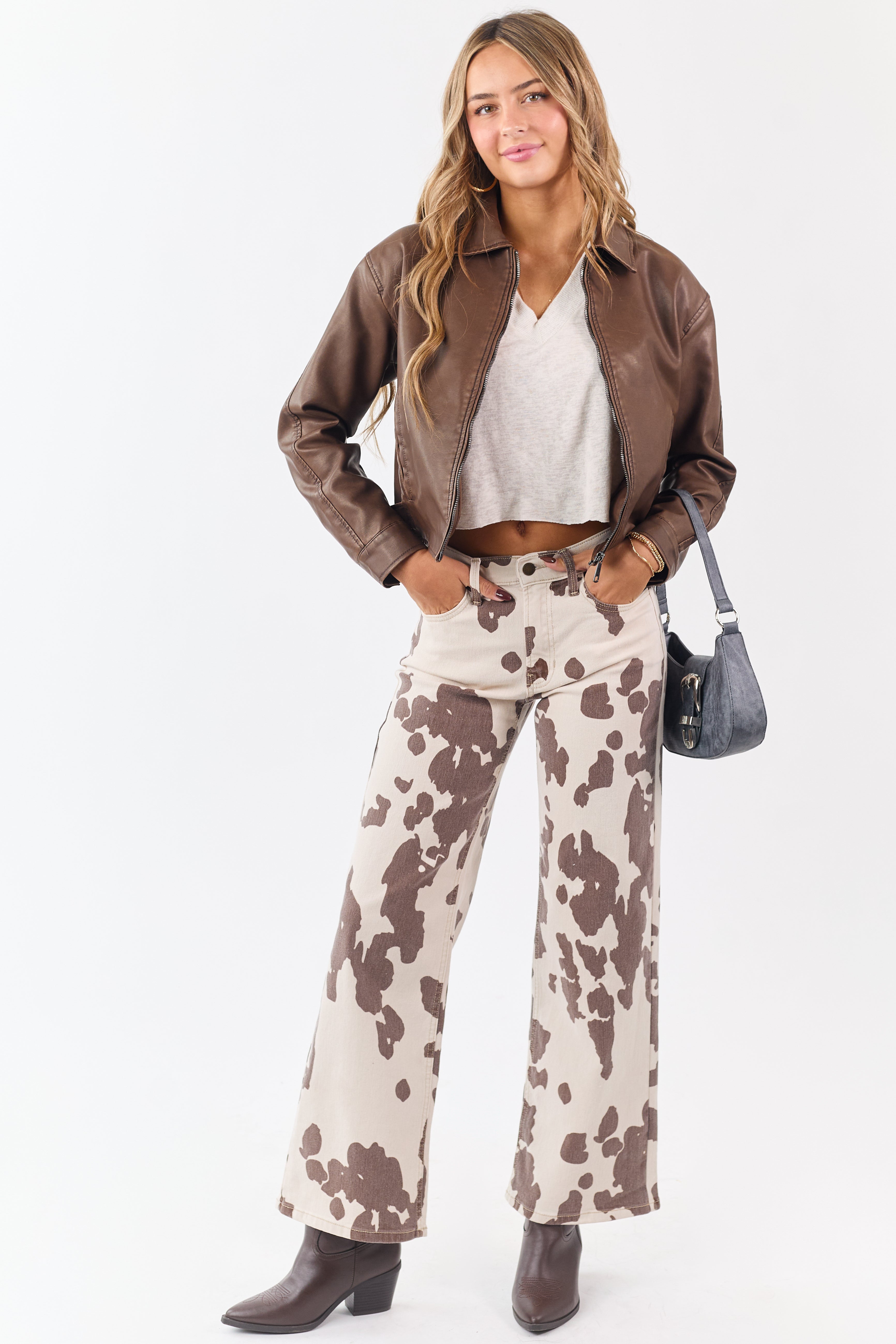 Vanilla Cow Print Stretchy High Rise Wide Leg Jeans | Lime Lush