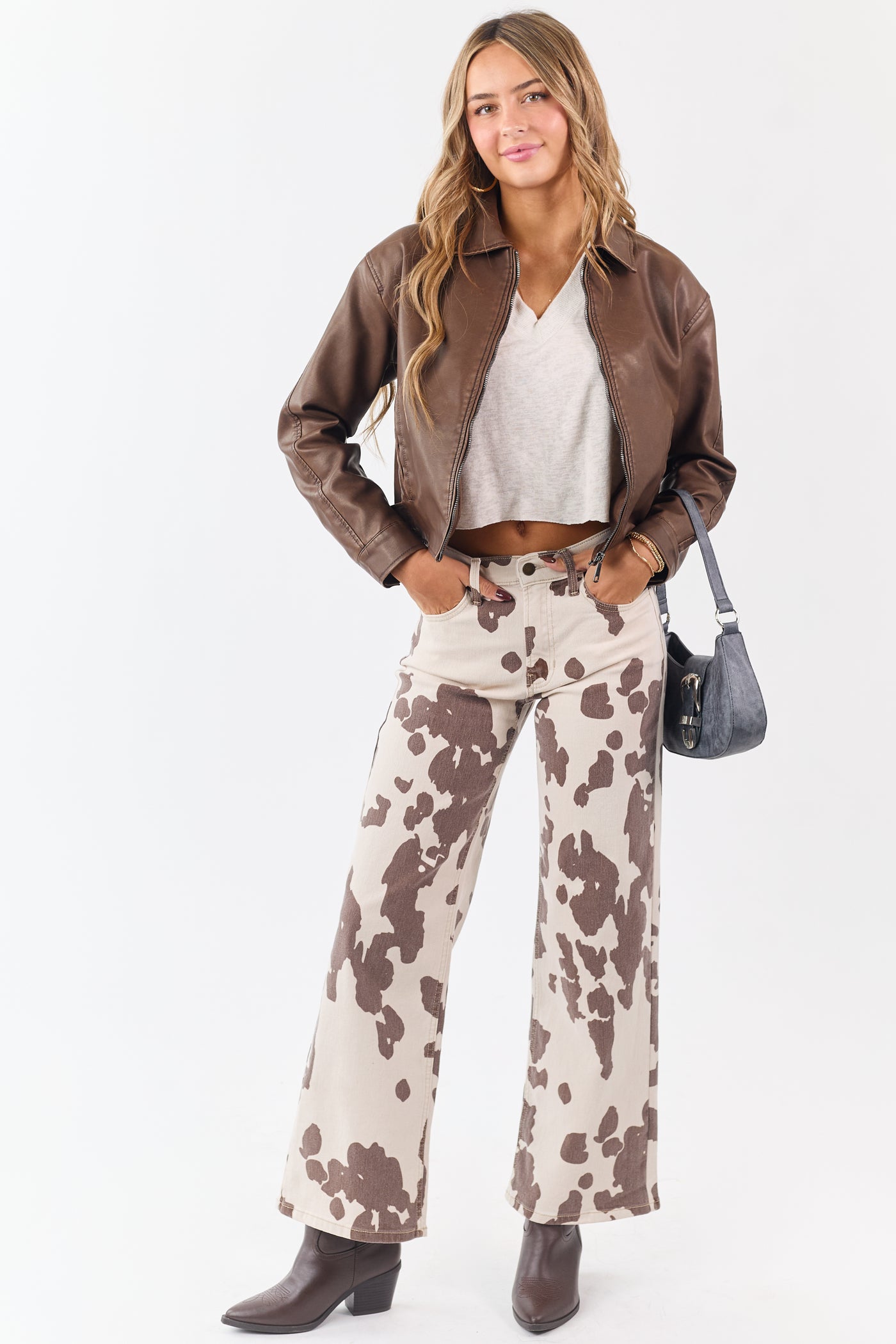 Vanilla Cow Print Stretchy High Rise Wide Leg Jeans