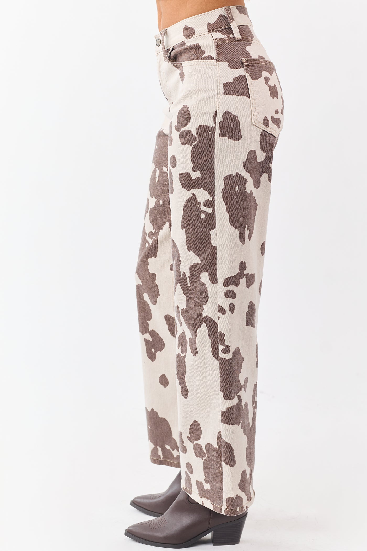Vanilla Cow Print Stretchy High Rise Wide Leg Jeans