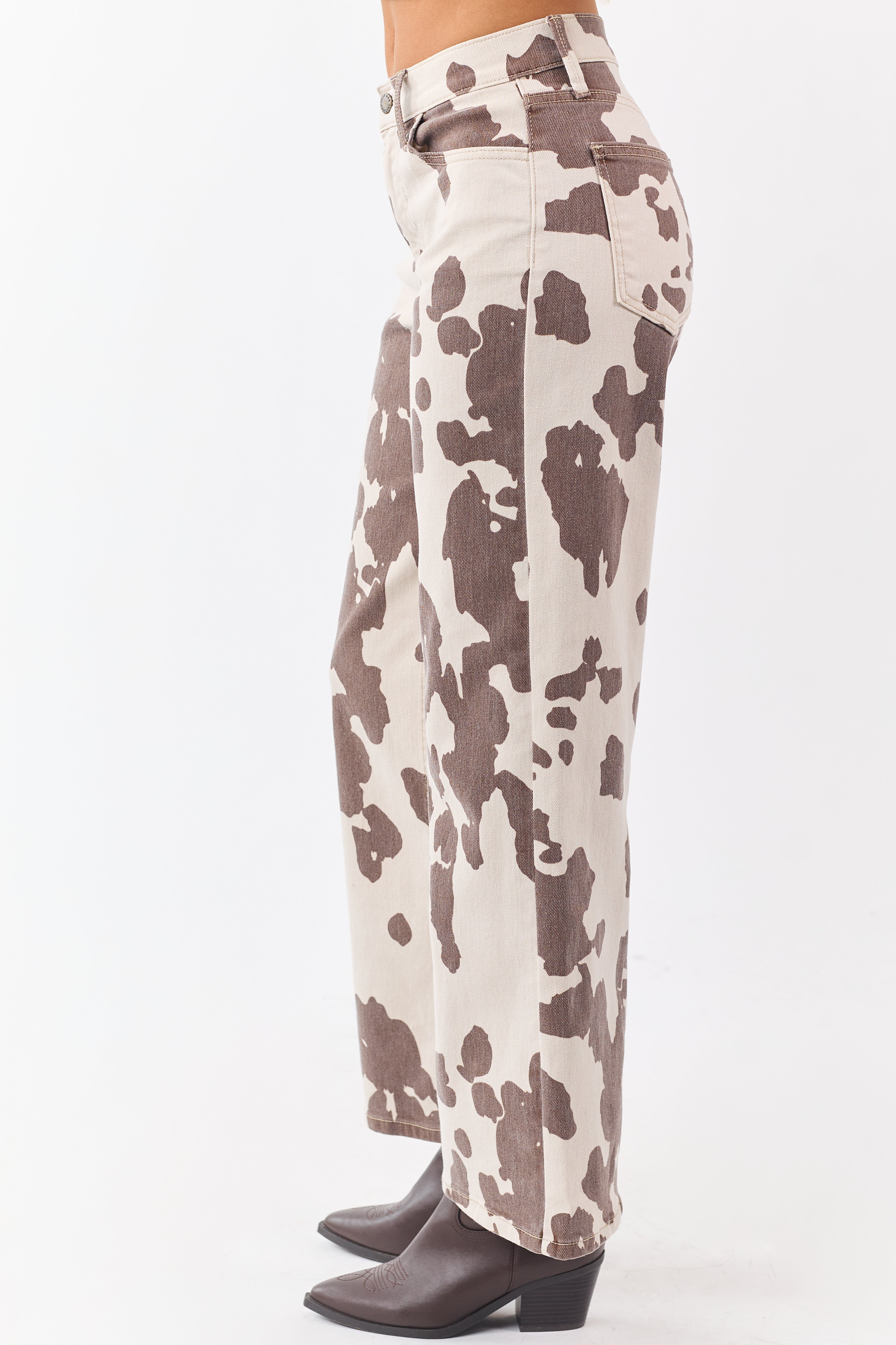 Vanilla Cow Print Stretchy High Rise Wide Leg Jeans