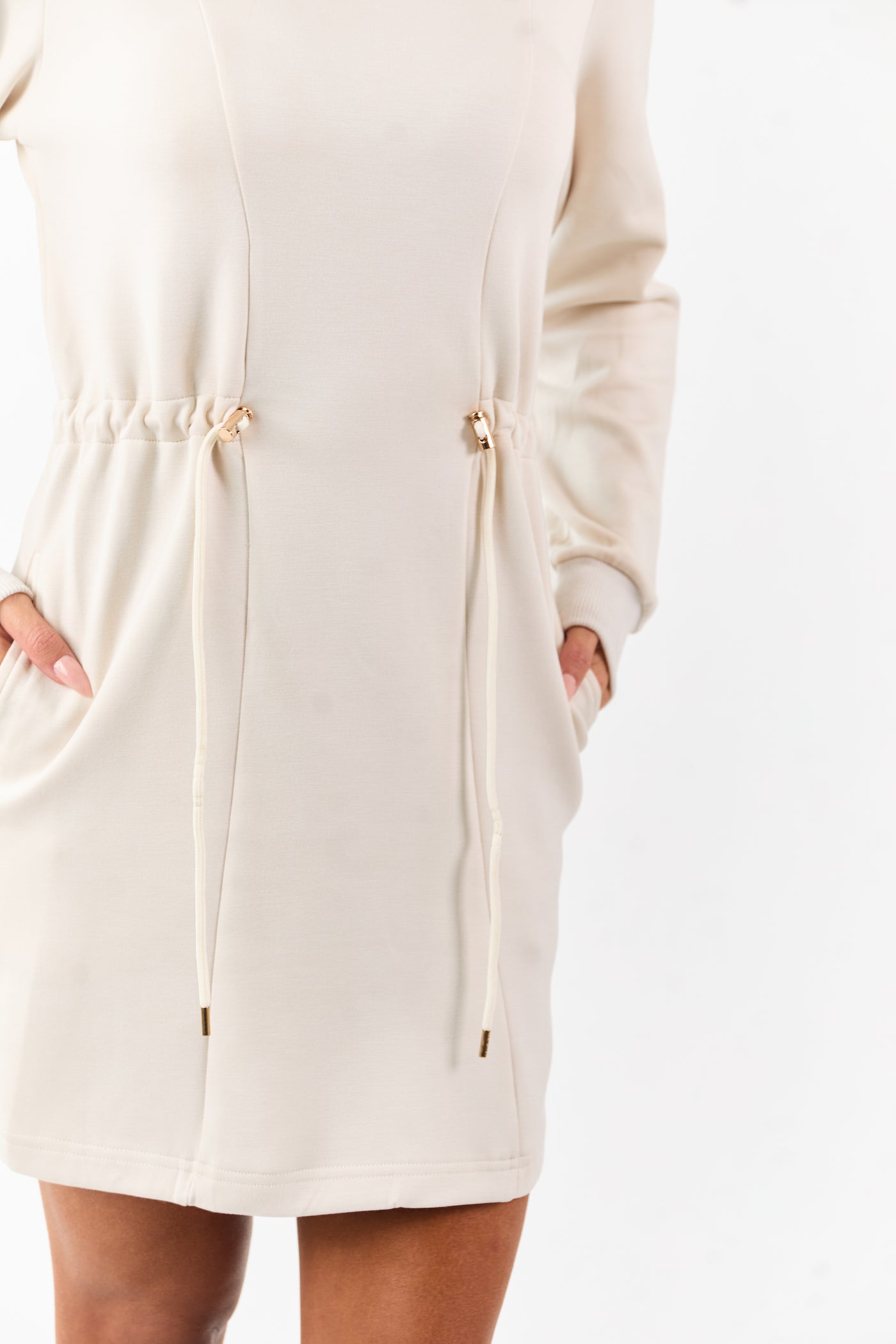 Vanilla Drawstring Waist Soft Knit Mini Dress