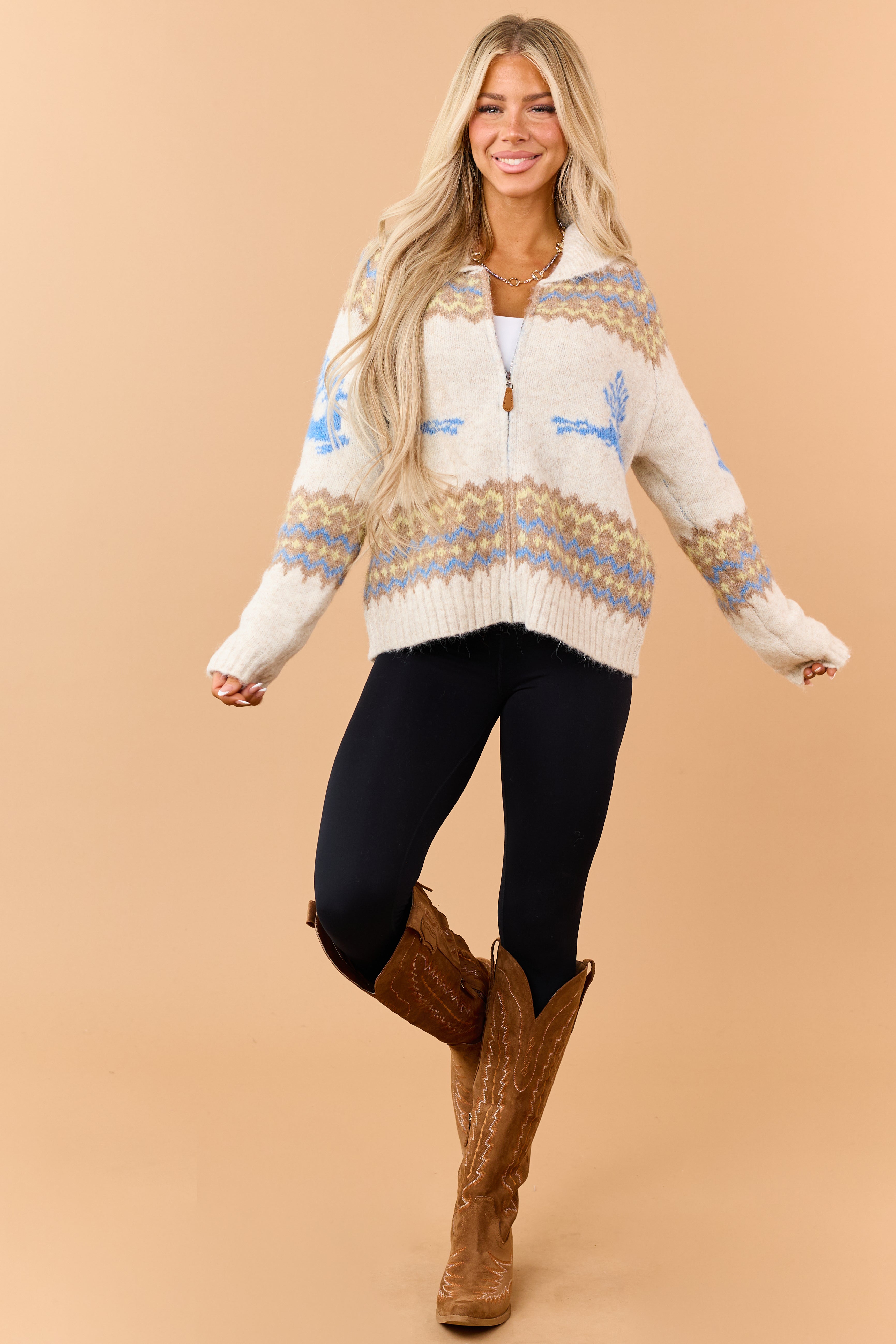 Vanilla Fair Isle Reindeer Pattern Sweater Jacket