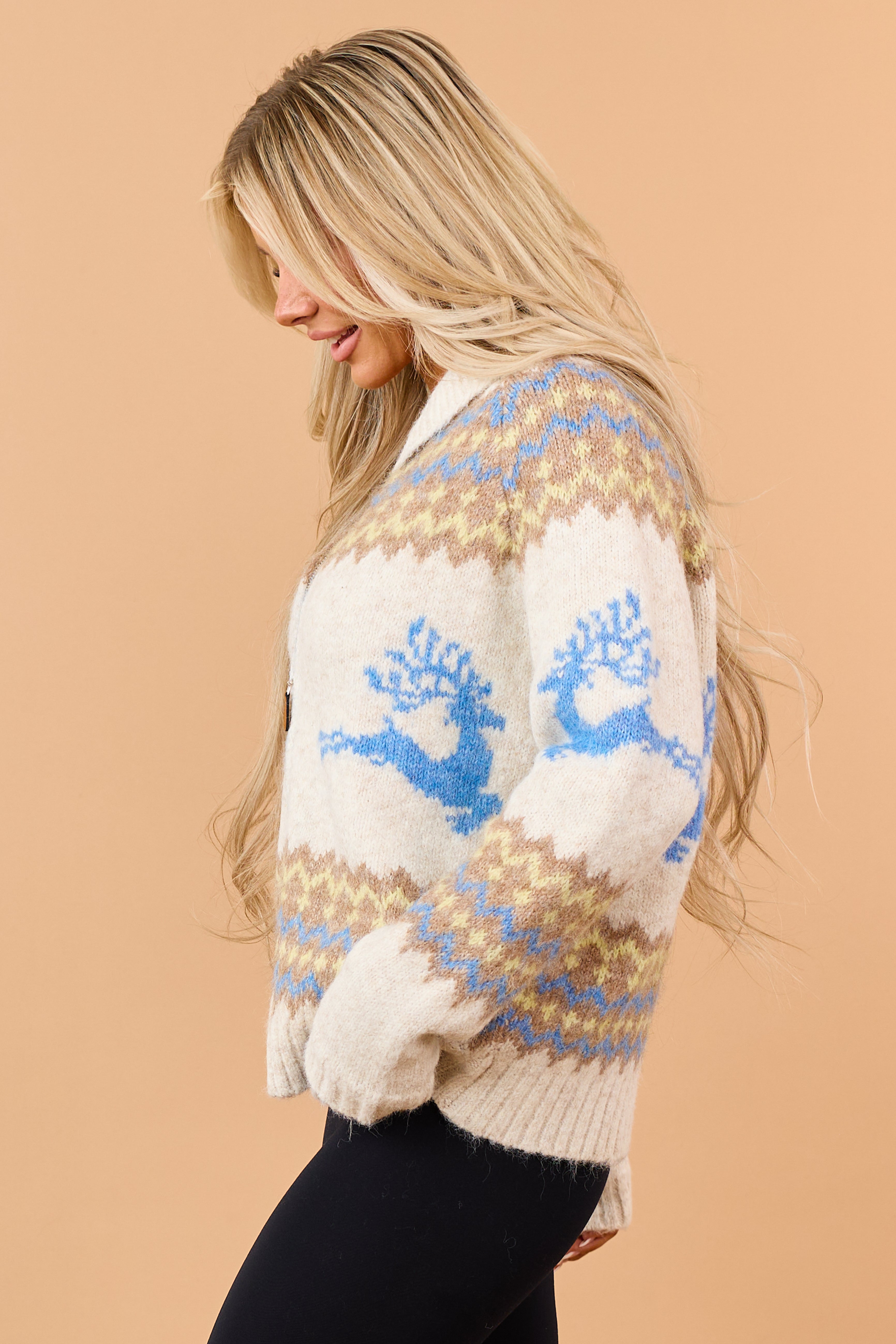 Vanilla Fair Isle Reindeer Pattern Sweater Jacket