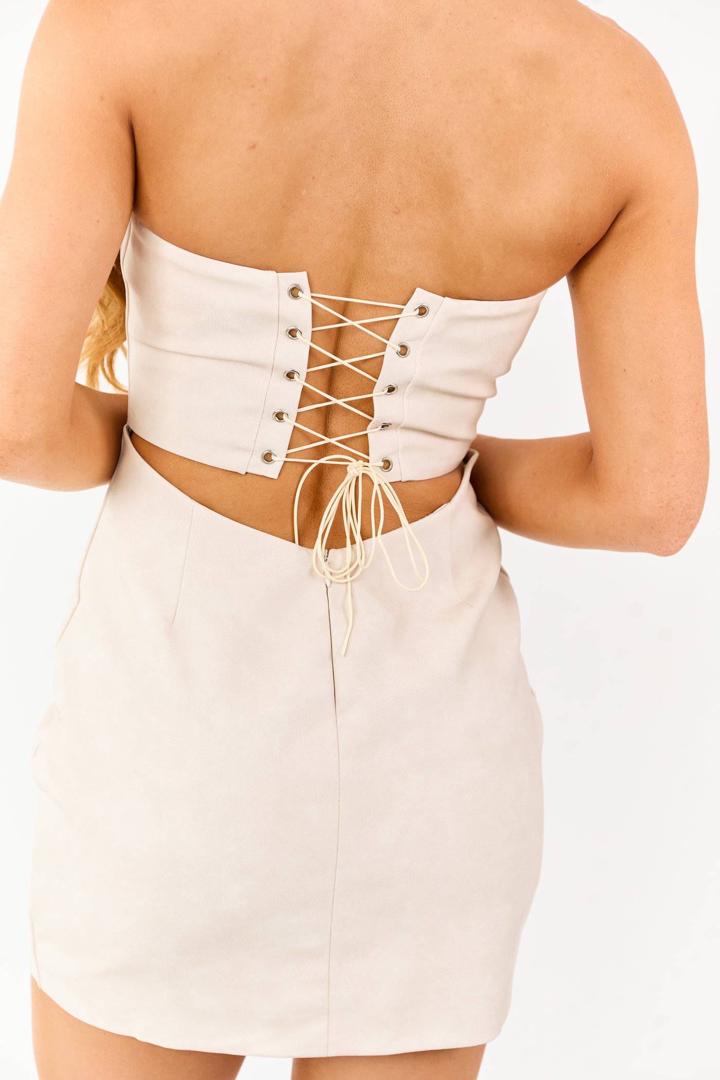 Vanilla Faux Leather Strapless Embroidered Mini Dress
