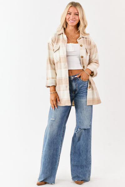 Vanilla Flannel Plaid Button Down Collared Shacket