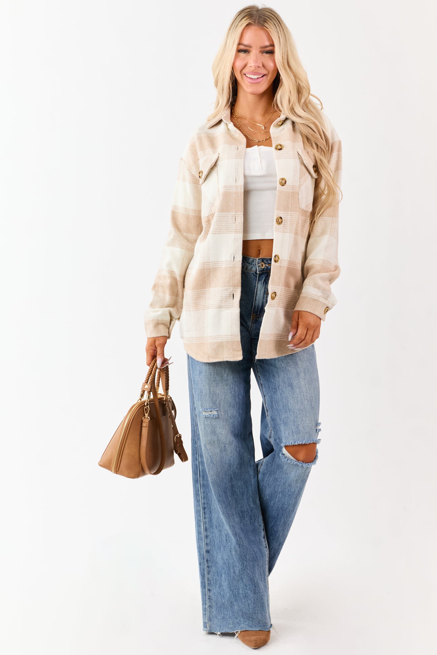 Vanilla Flannel Plaid Button Down Collared Shacket