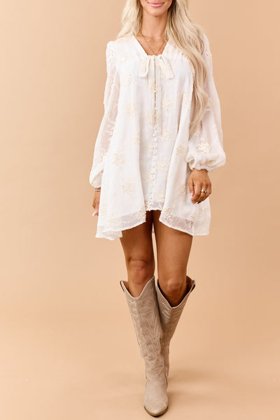 Vanilla Floral Applique Embroidered Flowy Mini Dress