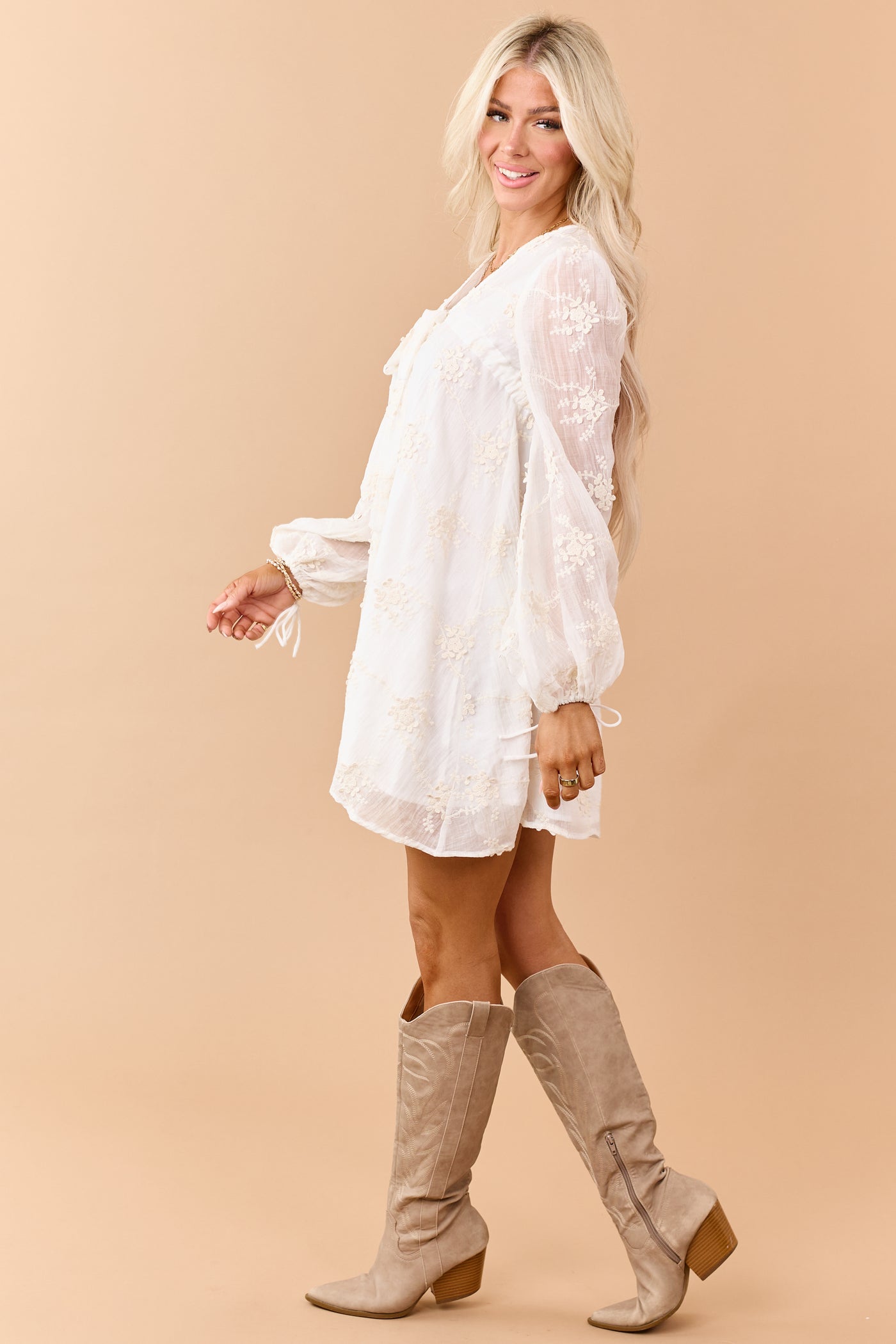 Vanilla Floral Applique Embroidered Flowy Mini Dress