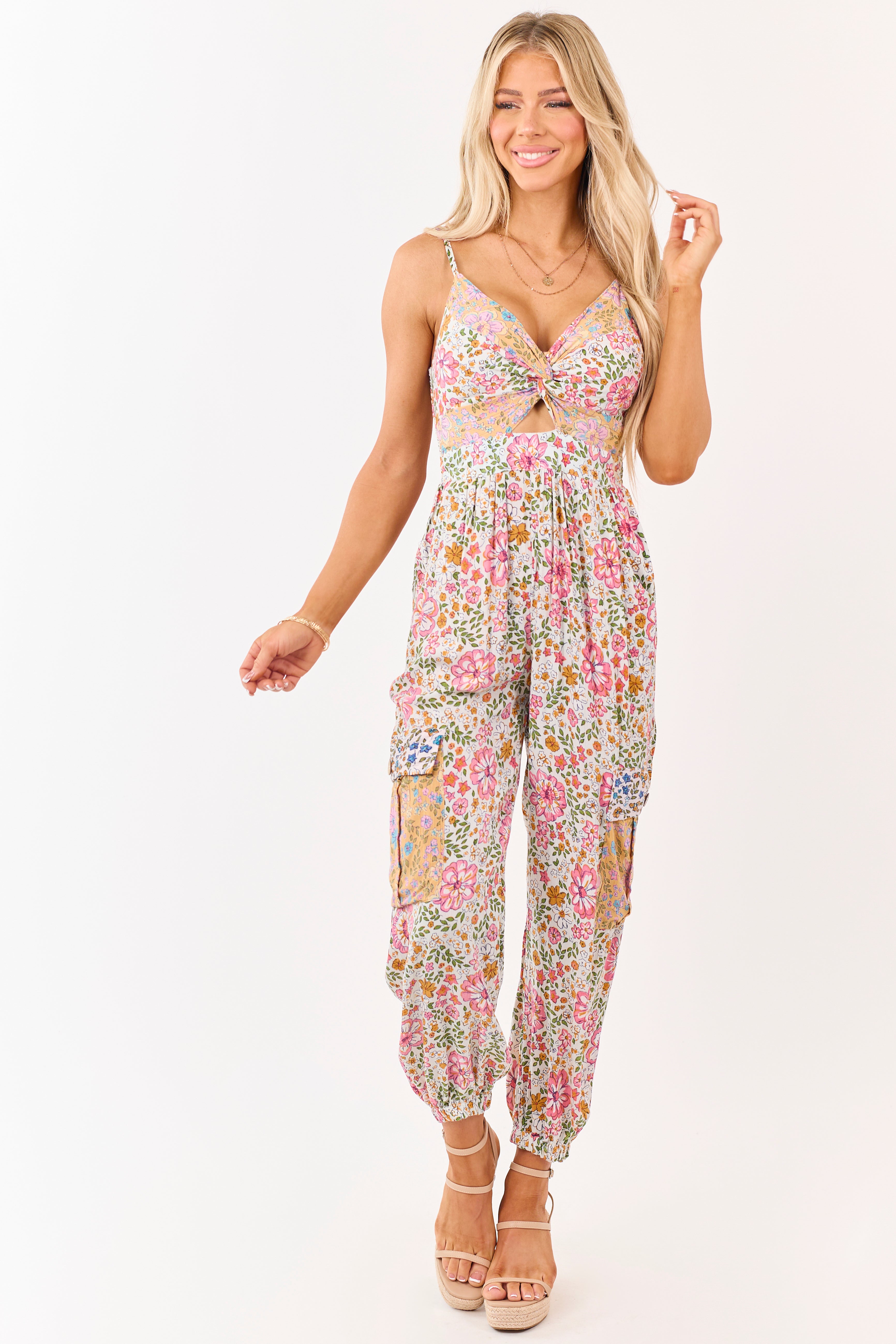 Vanilla Floral Front Twist Cargo Pocket Jumpsuit | Lime Lush Boutique