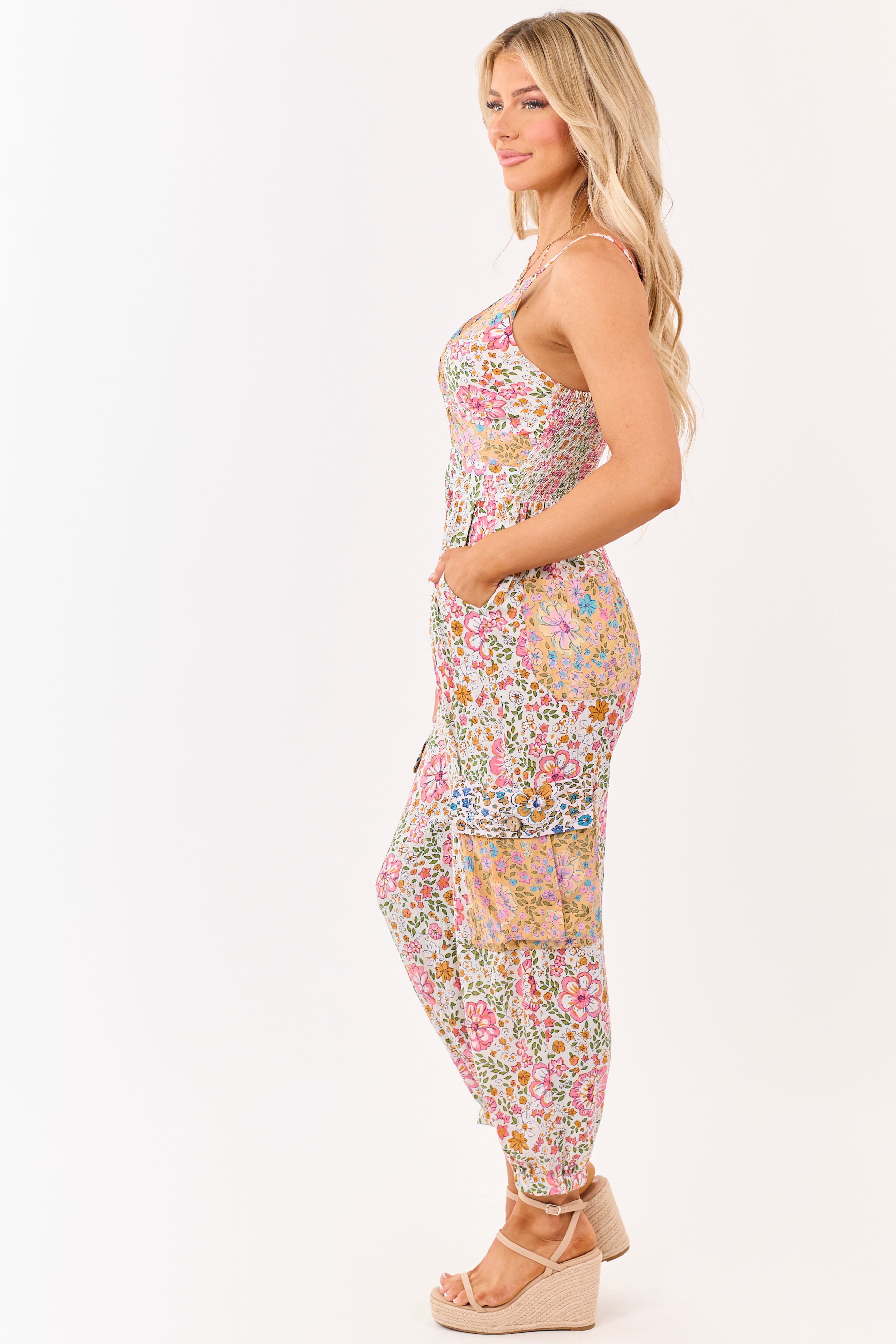 Vanilla Floral Front Twist Cargo Pocket Jumpsuit | Lime Lush Boutique
