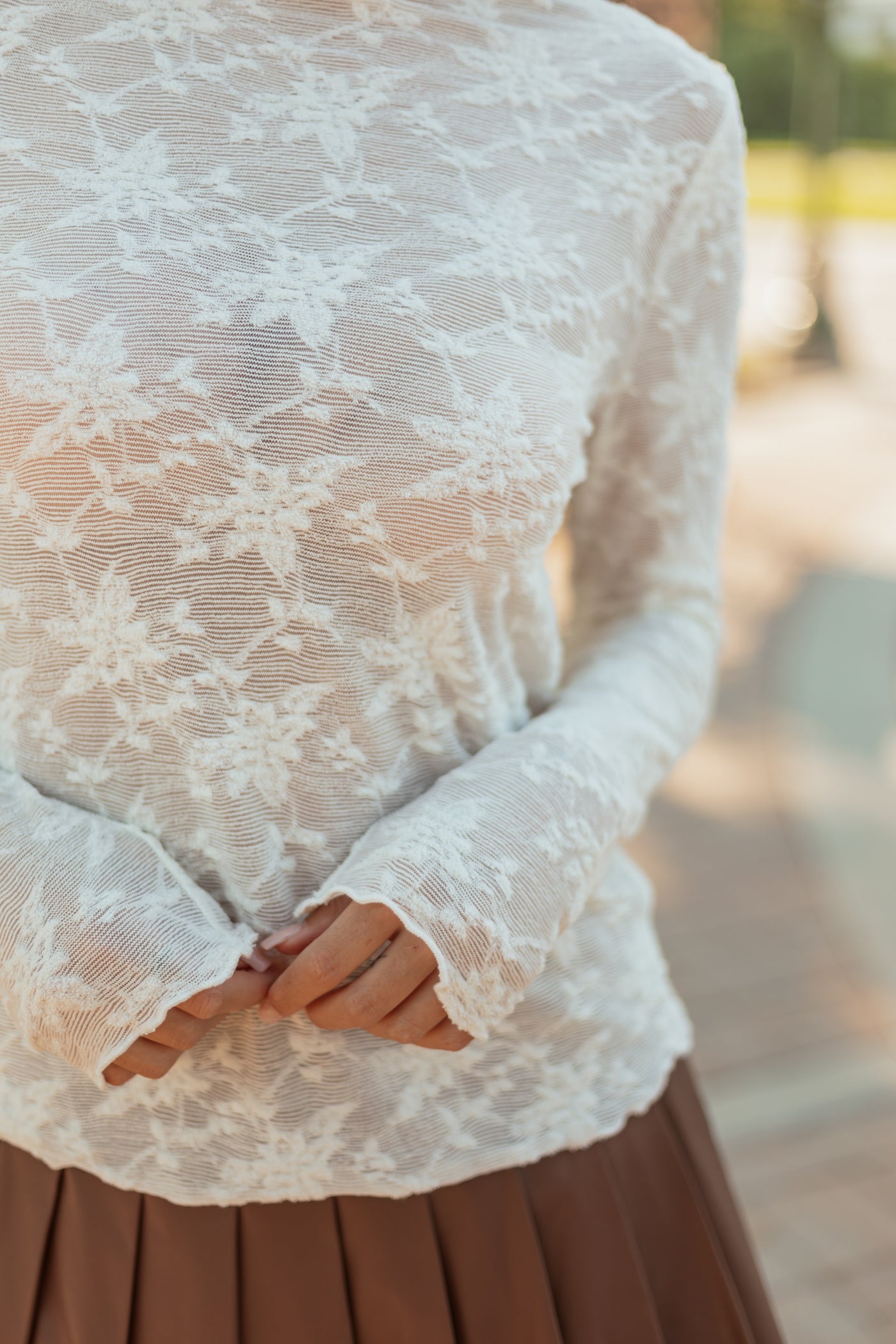 Vanilla Floral Lace Mock Neck Long Sleeve Top