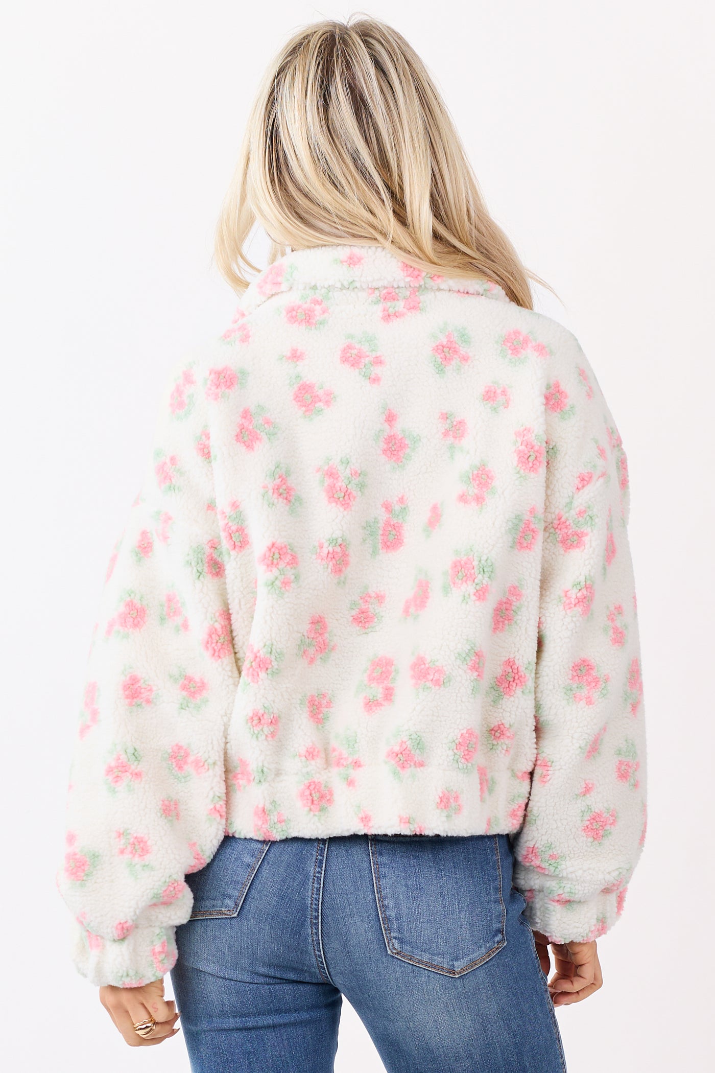 Vanilla Floral Pattern Zip Up Sherpa Jacket