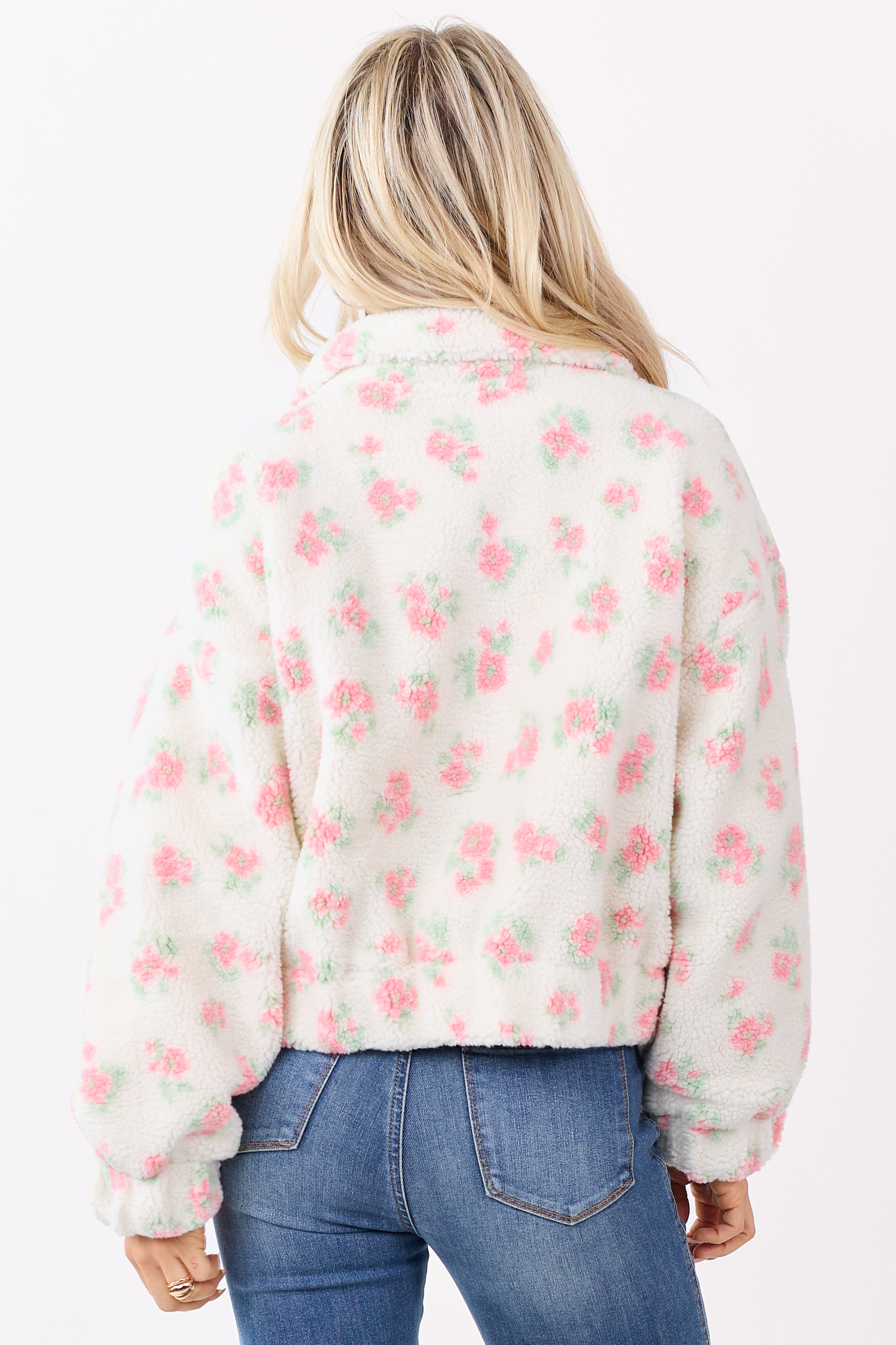 Vanilla Floral Pattern Zip Up Sherpa Jacket