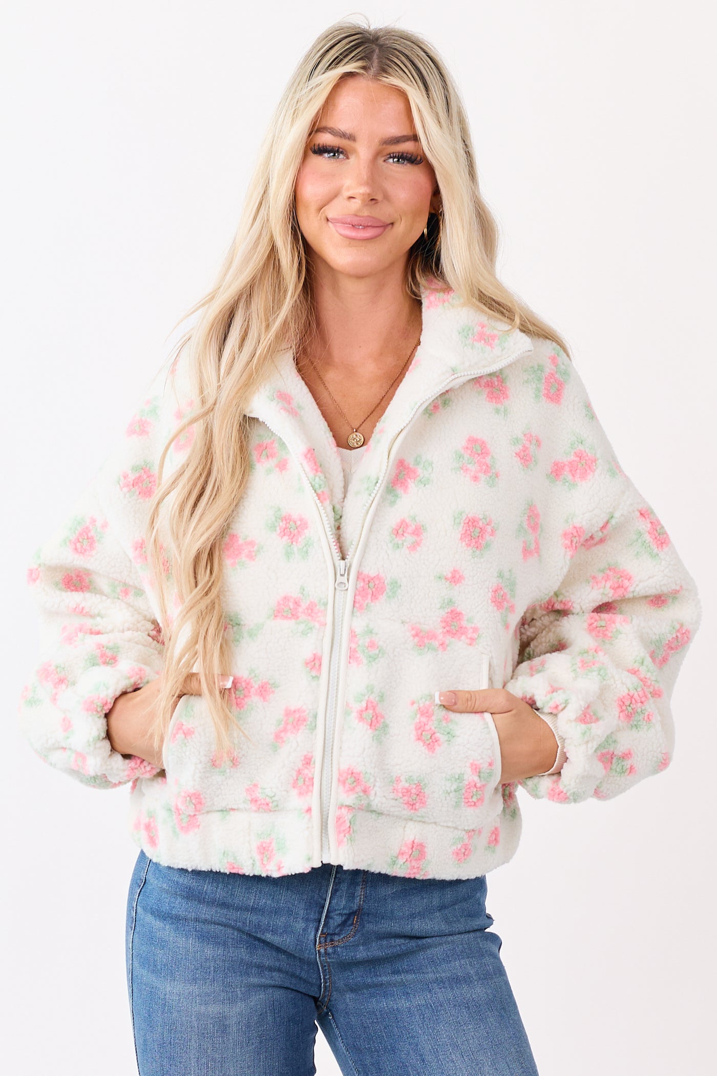 Vanilla Floral Pattern Zip Up Sherpa Jacket