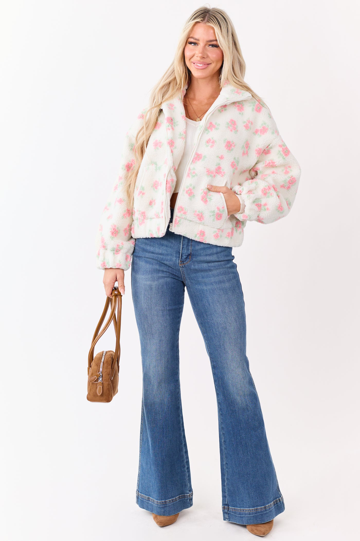 Vanilla Floral Pattern Zip Up Sherpa Jacket