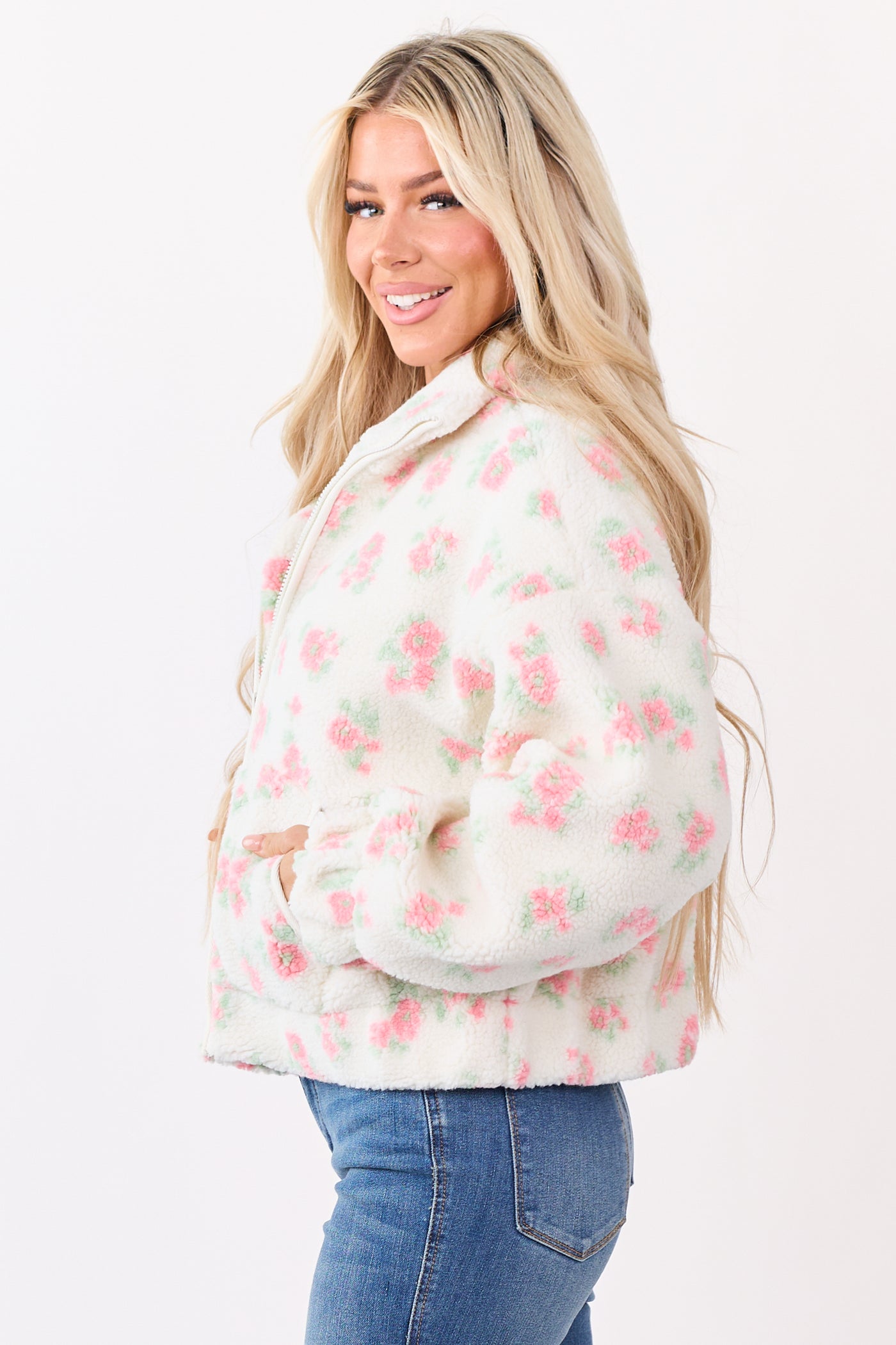 Vanilla Floral Pattern Zip Up Sherpa Jacket