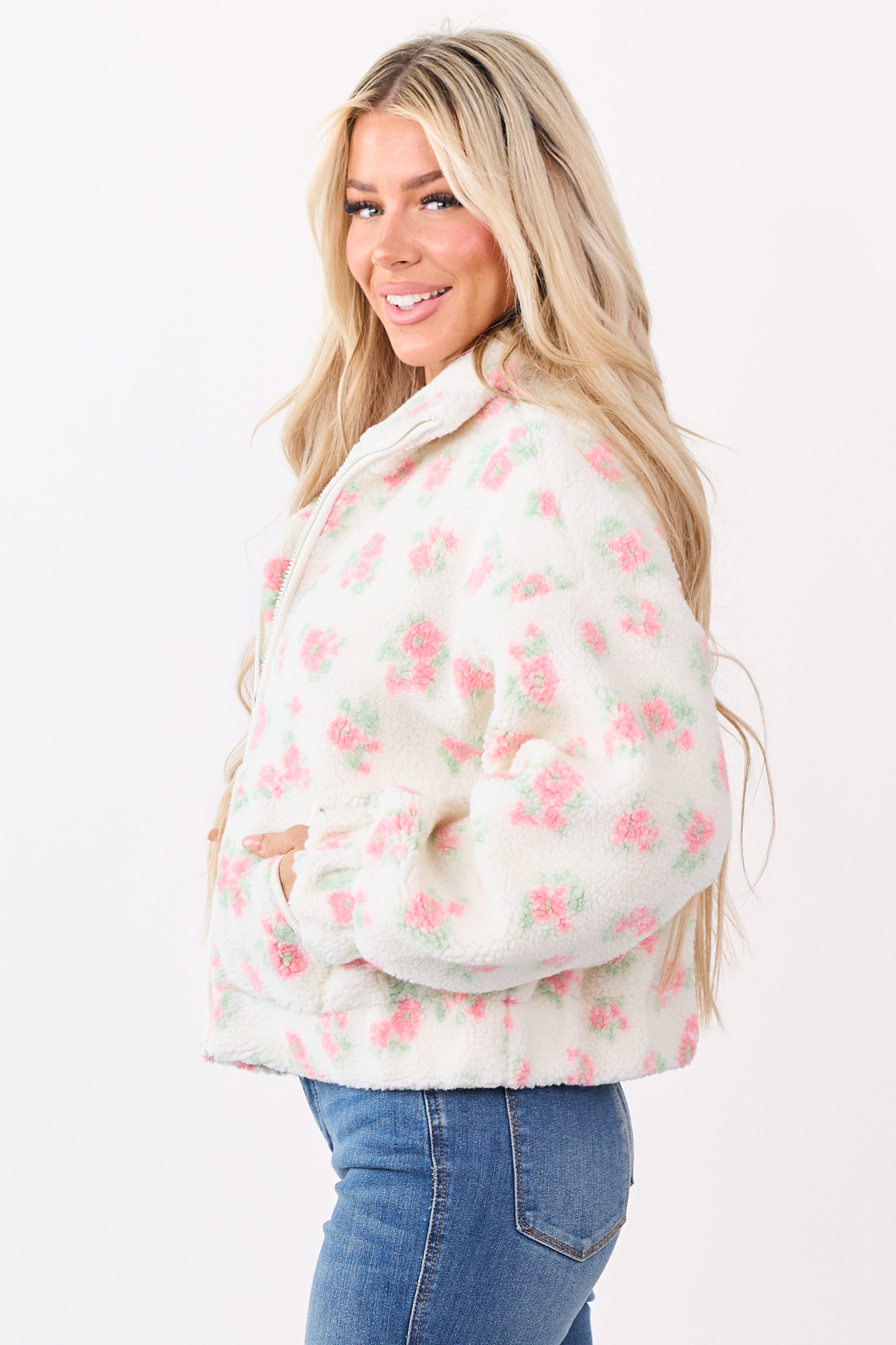 Vanilla Floral Pattern Zip Up Sherpa Jacket