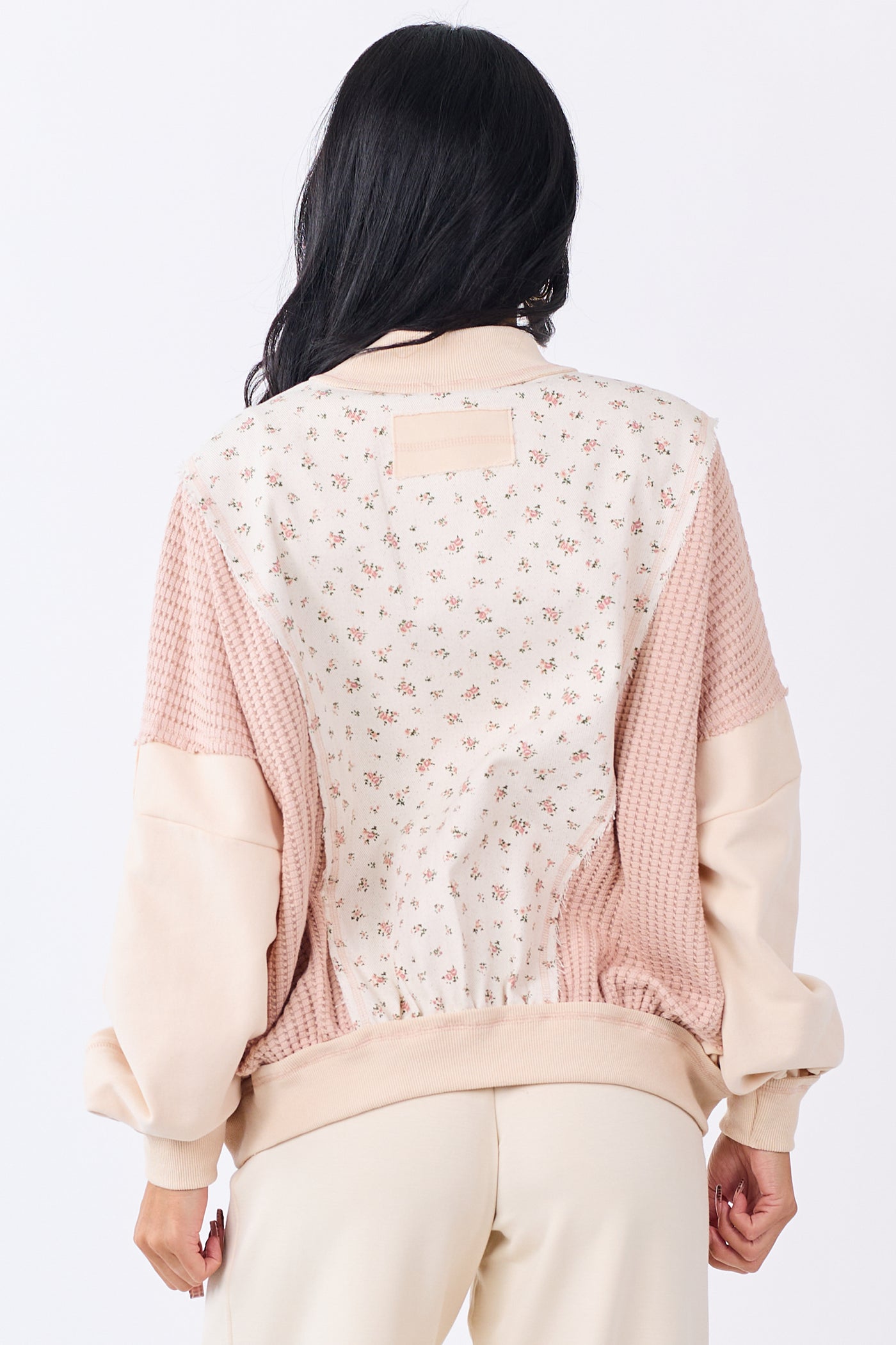 Vanilla Floral Print Contrast Waffle Knit Cotton Jacket